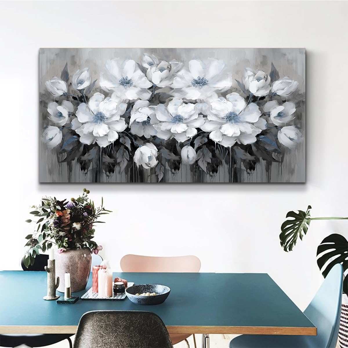 Anzhongart Living Room Wall Art,Flower Wall Art,Canvas Wall Art,Big Wall Art Gray And White And Blue Flower Wall Art-Floral Canv