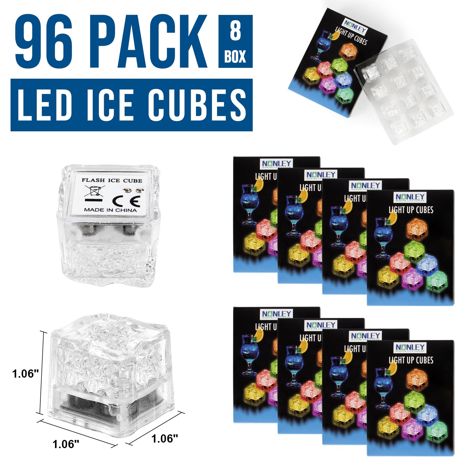 Light Up Ice Cubes, 96 Pcs Multi Color Led Ice Cubes For Drinks With Changing Lights, Reusable Glowing Flashing Ice Cube For Clu