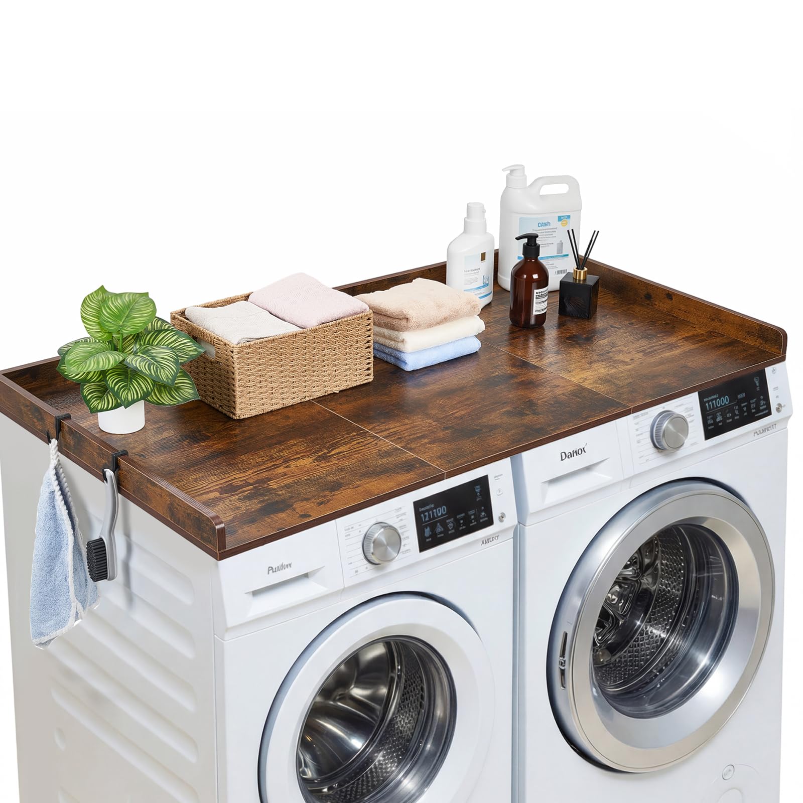 VEVOR Washer Dryer Countertop with 3 Splicing Panels, 54 x 27 Wooden Washer and Dryer Countertop with 2 Hooks, Water-Resistant L