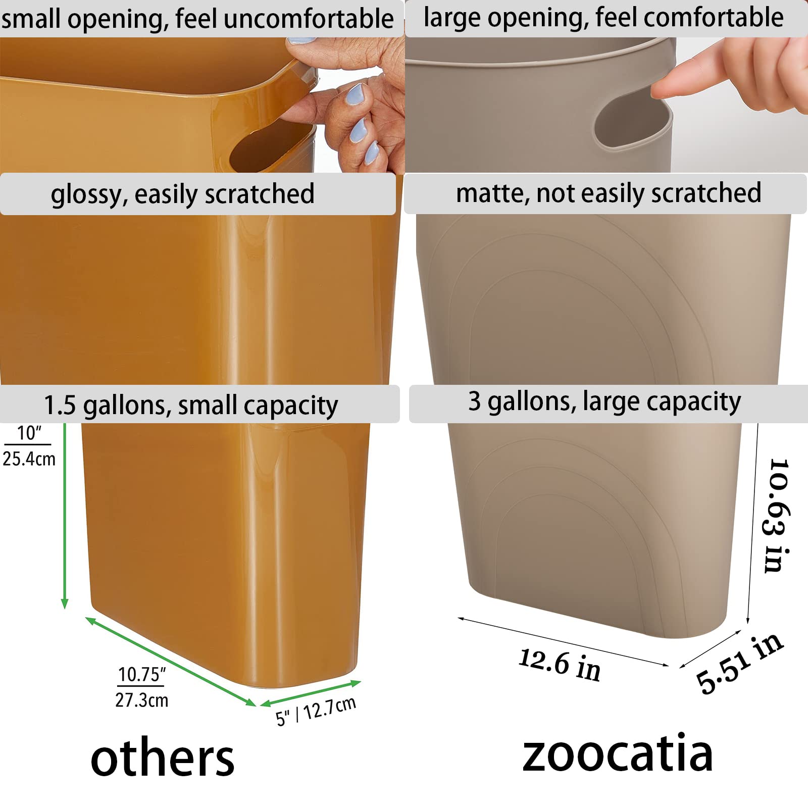 Zoocatia Small Trash Can Garbage Can Container Bin With Handles 3 Gallons Plastic Wastebasket For Bathrooom, Bedroom, Office, Ki