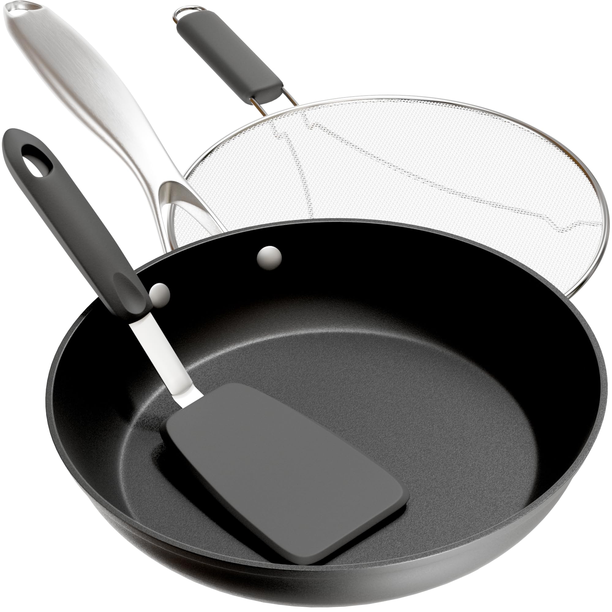 Frying Pans Nonstick - 10'' Non Stick Frying Pan With Lid Splatter Screen - Lightweight Aluminum Fry Pan Skillet Includes Spatul