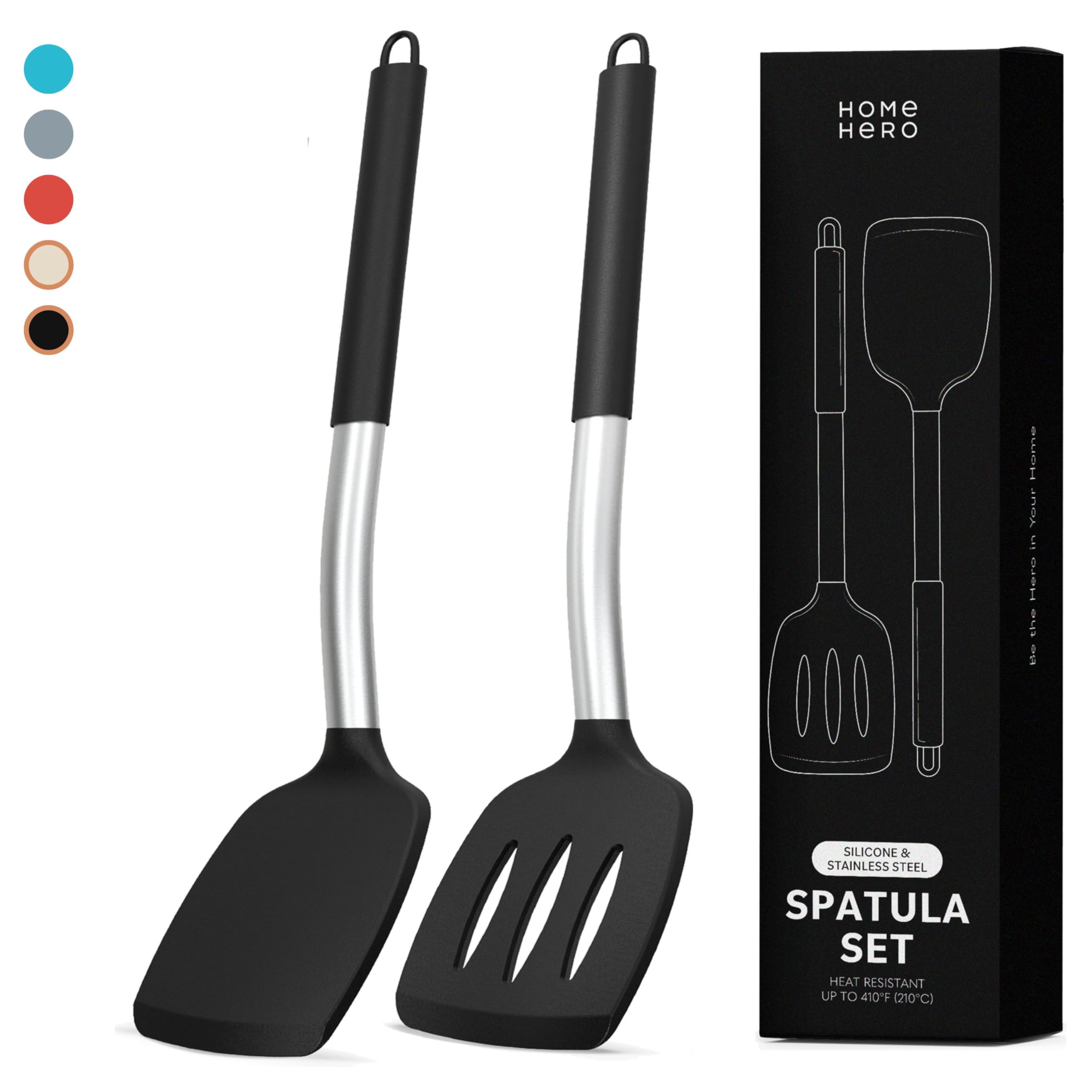 Home Hero Silicone Spatula Set With Ergonomic Handles - Stainless Steel High Heat Resistant Solid & Slotted Turner, Bpa Free Non