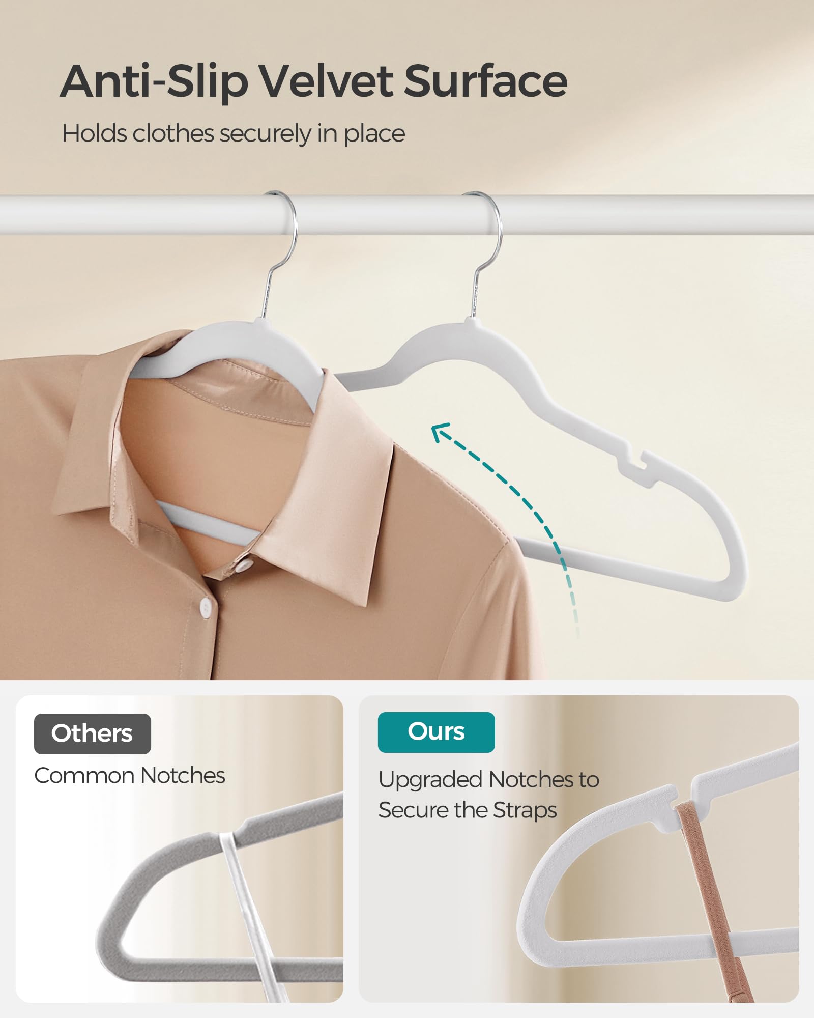 Songmics Velvet Hangers 60 Pack, Non-Slip Clothes Hangers, Suit Hangers With Shoulder Notches, Pants Bar, 360 Swivel Hook, Space