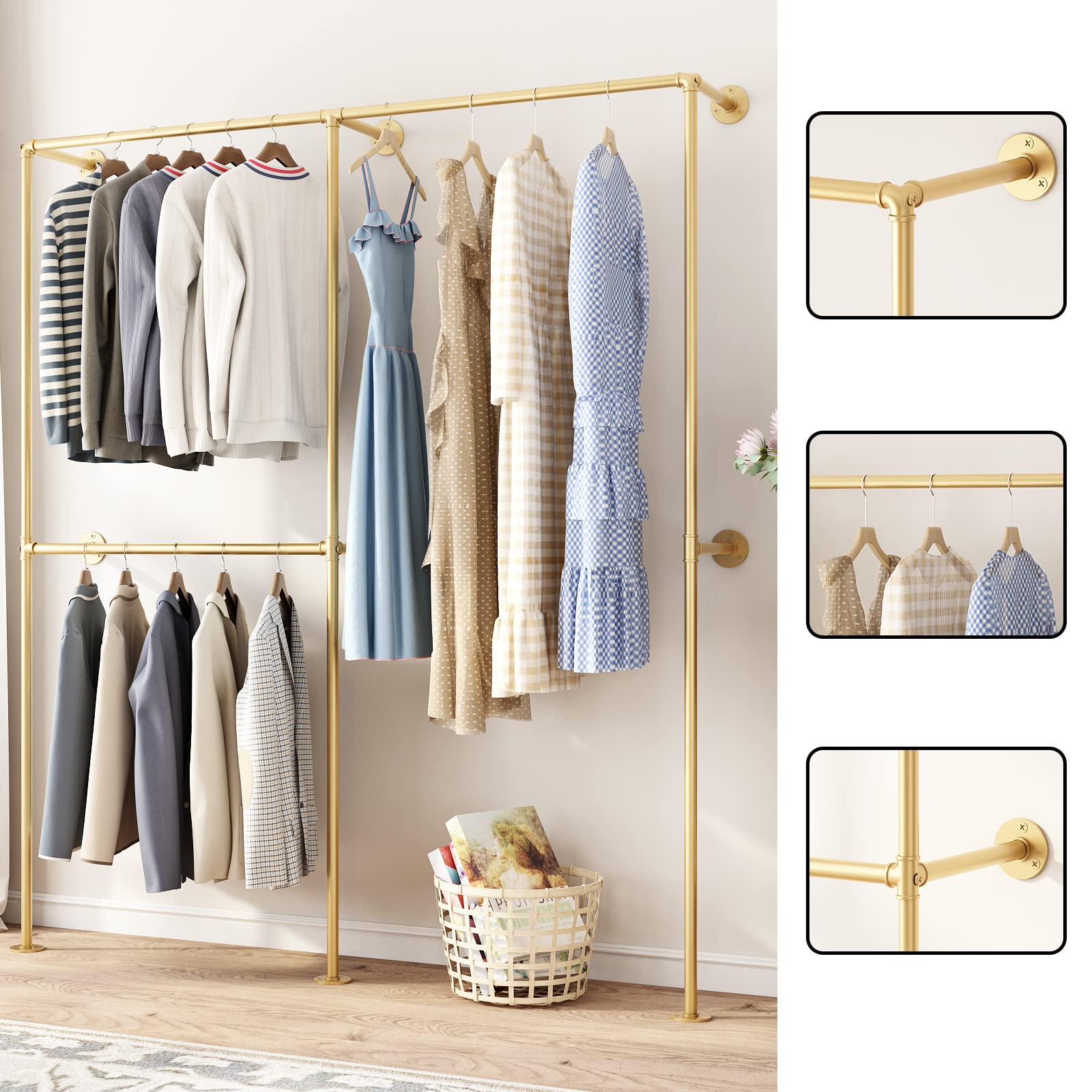 Dr.Iron Industrial Pipe Gold Clothing Racks With Double Bar, Industrial Pipe Clothes Racks Wall Mounted, Heavy Duty Gold Closet