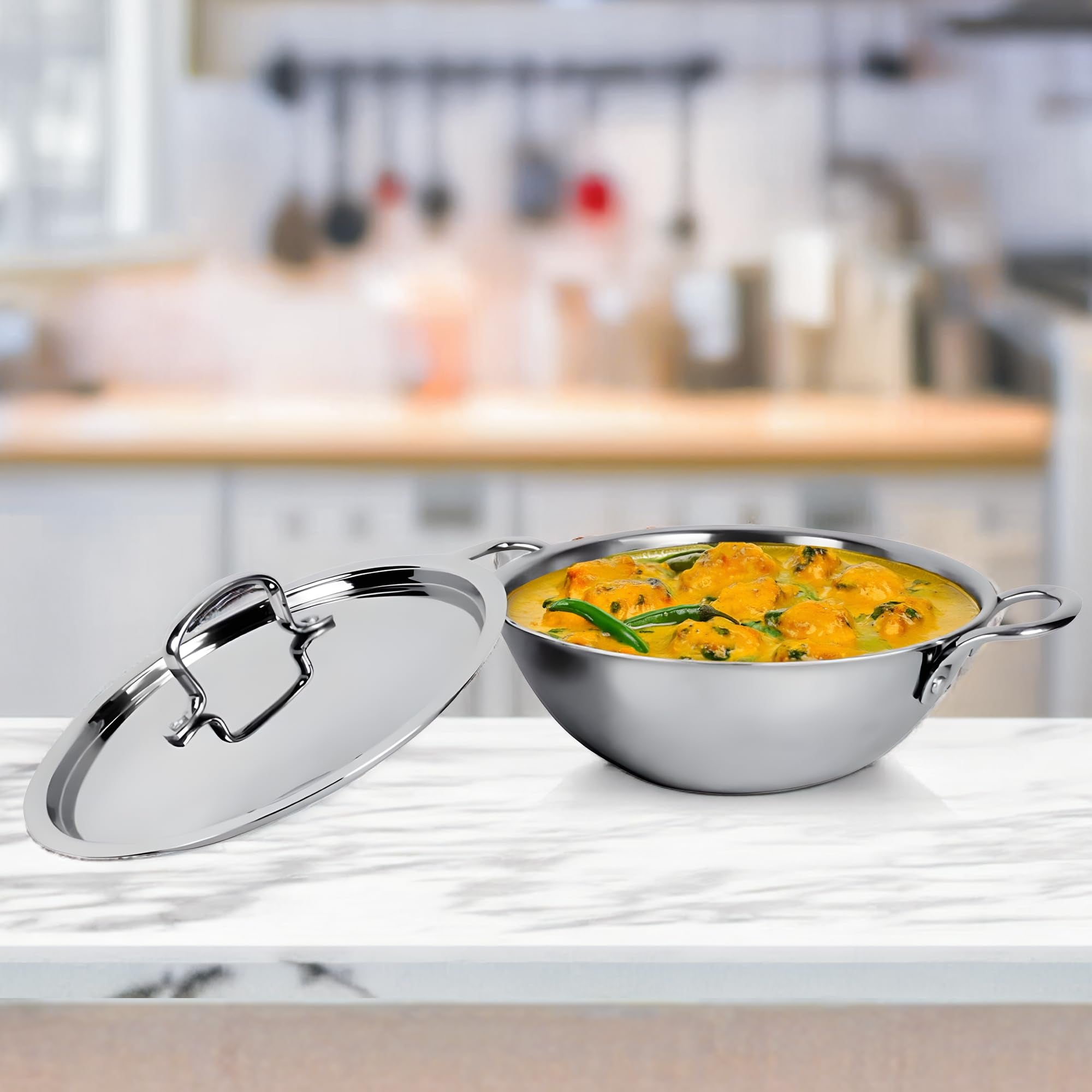 Usha Shriram Triply Stainless Steel Kadai (1.6L) | Dia-20Cm | 2.5Mm Thickness | Tri Ply Steel Kadai For Cooking With Heavy Botto
