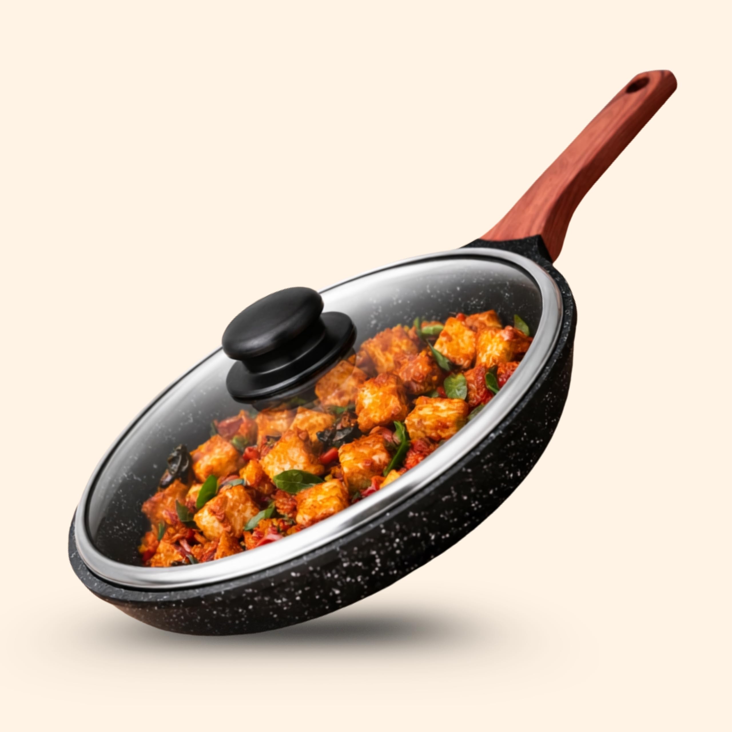 Kyyte Cosmotein Die Cast Non Stick Fry Pan With Glass Lid 20 Cm Dia,Pasta,Saute Pan,Nonstick Fry Pan With 5 Layer Coating,Gas &I