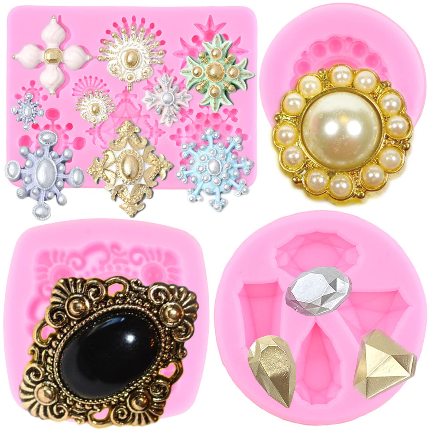 Rfghac Pearl Diamond Brooch Silicone Molds Brooch Gemstone Fondant Candy Mold For Cupcake Topper Cake Decorating Chocolate Polym