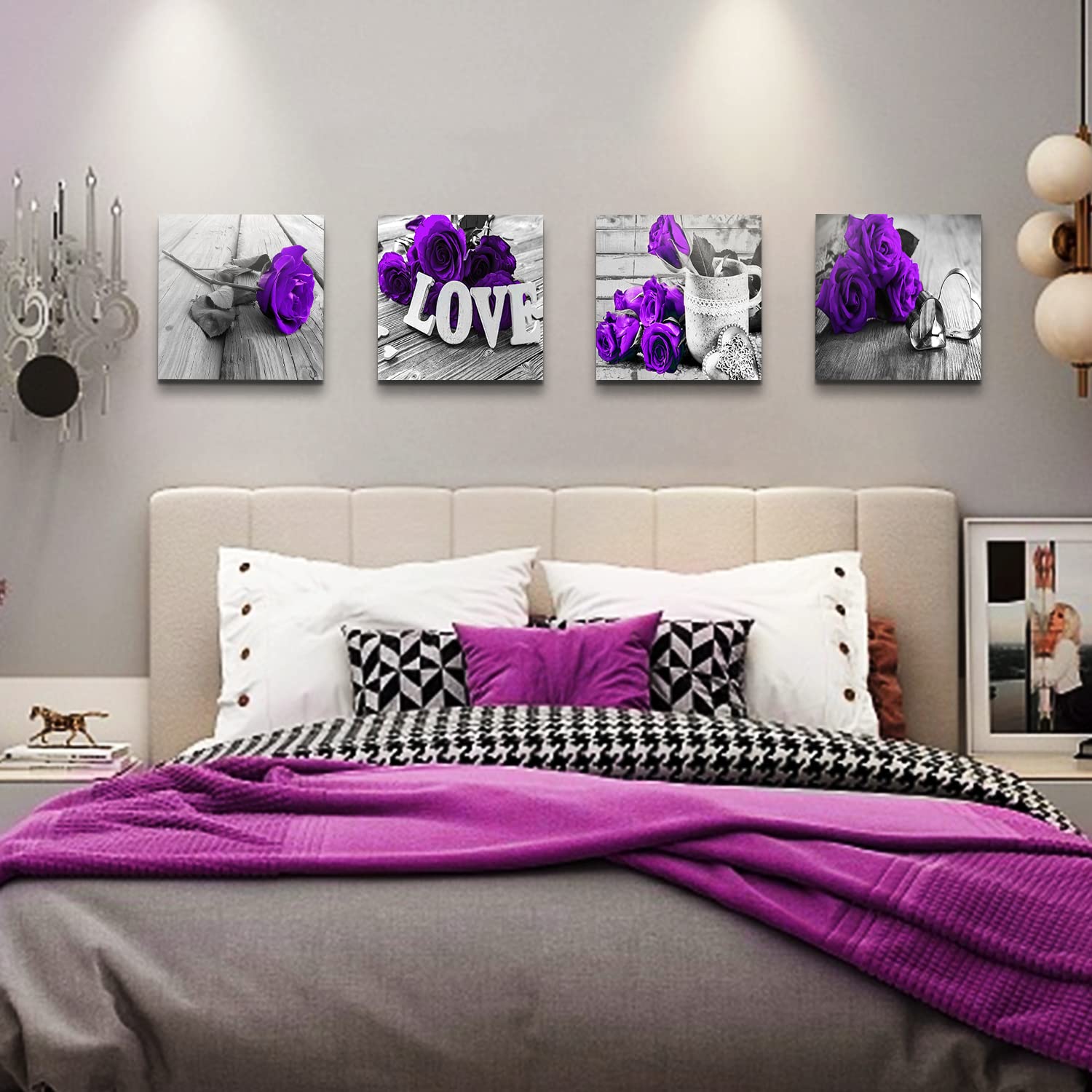 Purple Wall Art Bathroom Decor Rose Flower Canvas Prints Black and White Grey Background Romantic Love Painting Artwork Couple Bedroom Pictures Floral Posters Living Room Home Decorations 12x12 4 Pcs
