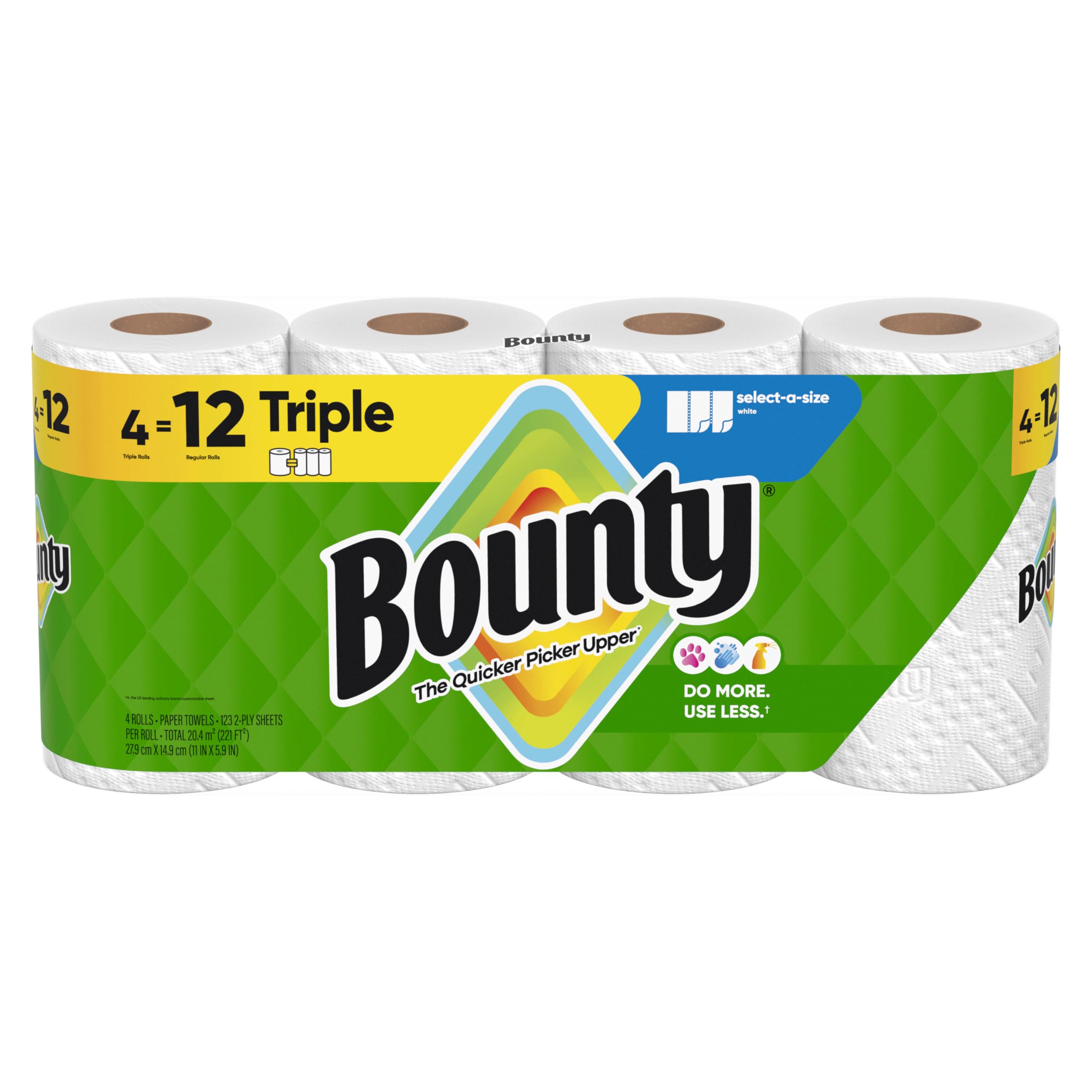 Bounty Paper Towels Select-A-Size, White, 4 Triple Rolls = 12 Regular Rolls