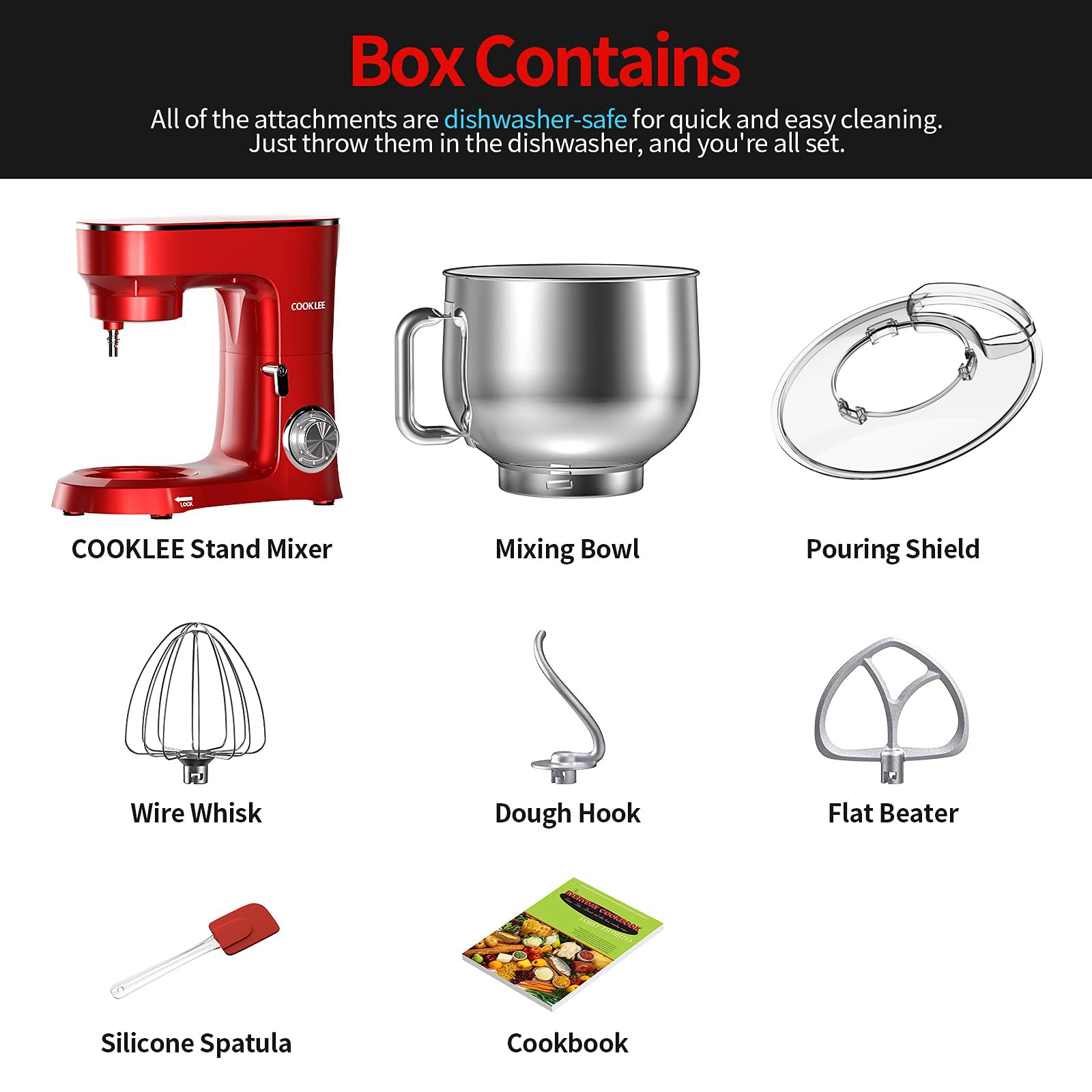 Cooklee Stand Mixer, 95 Qt 660W 10-Speed Electric Kitchen Mixer With Dishwasher-Safe Dough Hooks, Flat Beaters, Wire Whip  Pouri