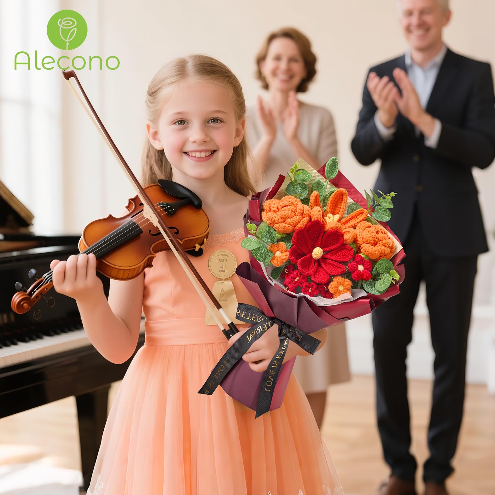 Alecono Crochet Flower Bouquet, Orange and Burgundy Knitted Flowers, Red Crochet Tulip Galsang Flower for Lover Anniversary Birt