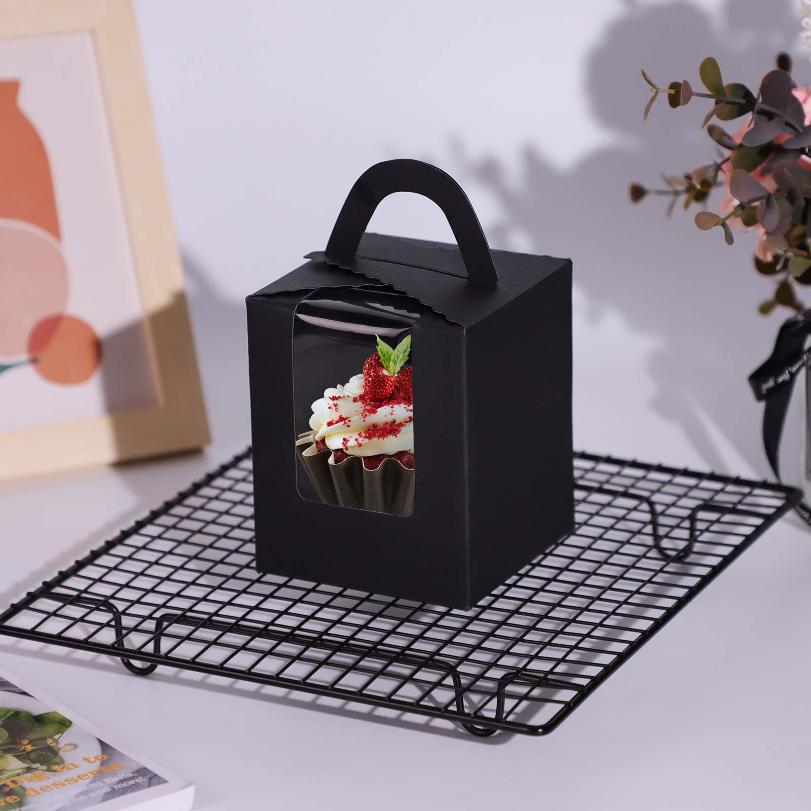 EUSOAR Cupcake Boxes Individual Black 50pcs 3.6''x 3.6''x 4.3'' Cupcake Carrier with Insert and Display Holders  Party Favor Bakery To Go Wrapping Packing Cupcake Muffin Carry Boxes Container