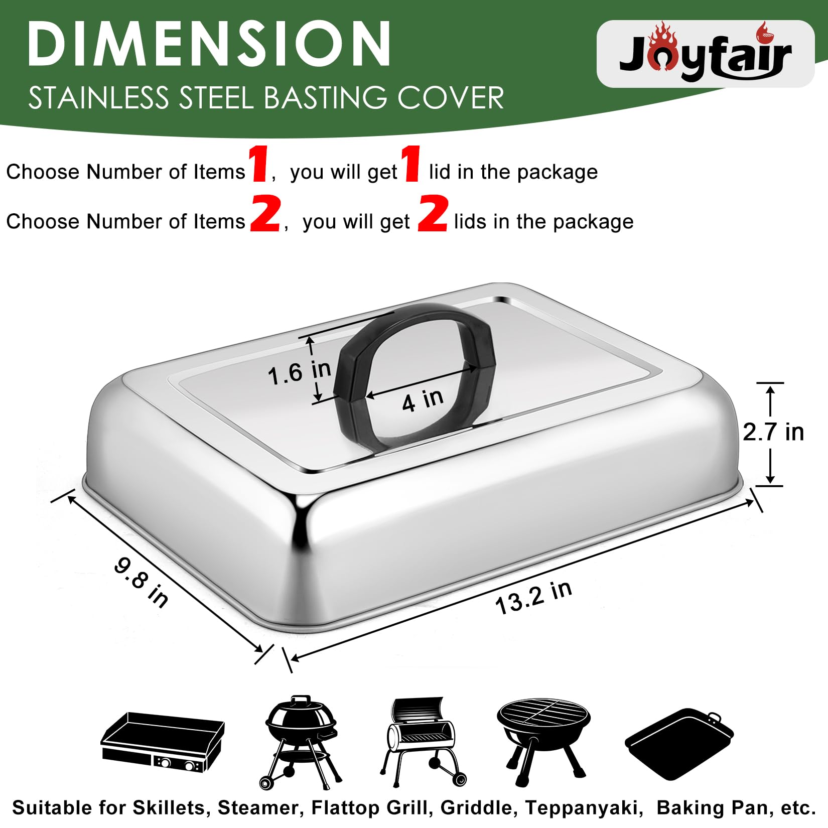 Joyfair 13 x 9 Inch Melting Basting Cover Set of 2  Stainless Steel Metal Cheese Melt Domes Rectangular for Outdoor/Indoor Flat Top Griddle  Heat-resistant Handle & Screwdriver  Dishwasher Safe