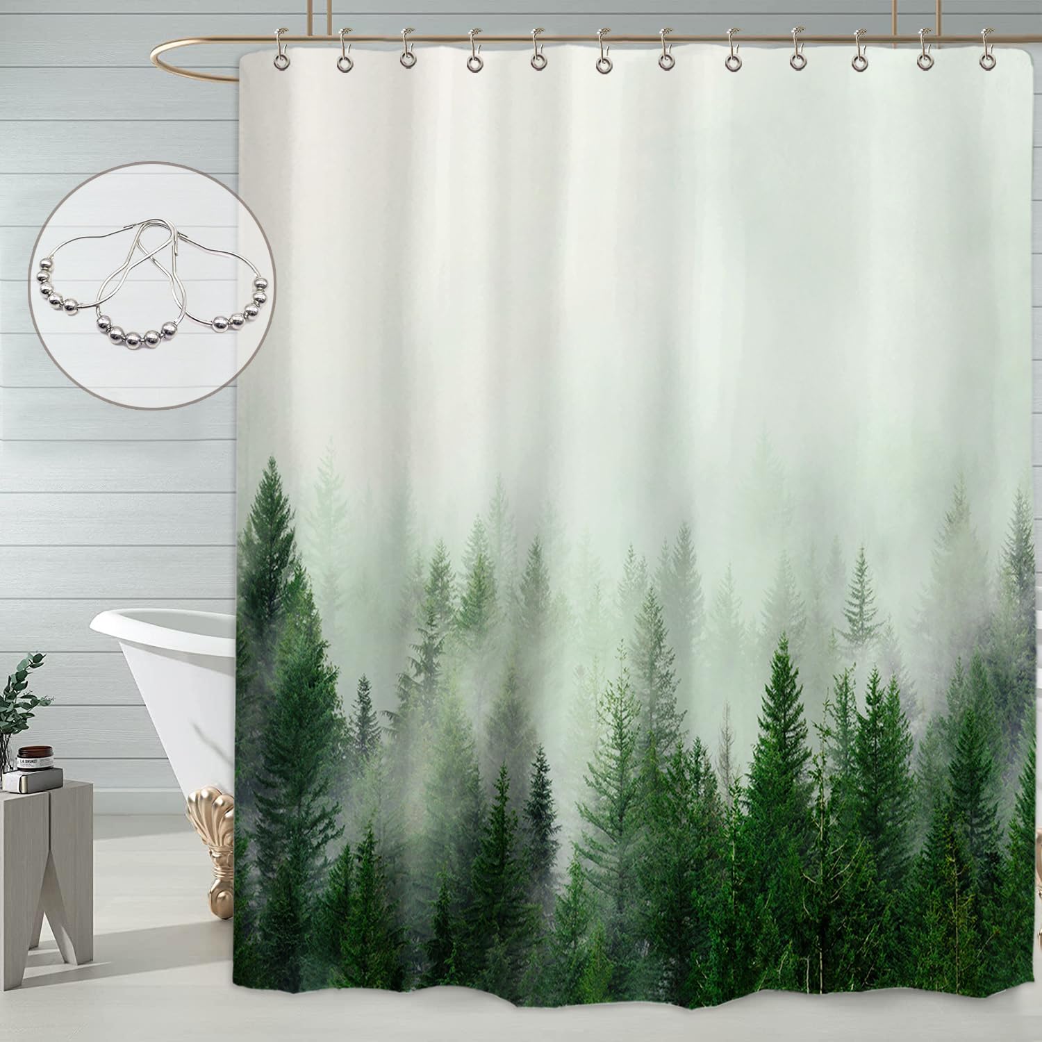 Ortigia Green Misty Forest Shower Curtains,Nature Woodland Shower Curtain,Fantasy Fog Magic Tree Bath Curtain For Bathroom,Fall