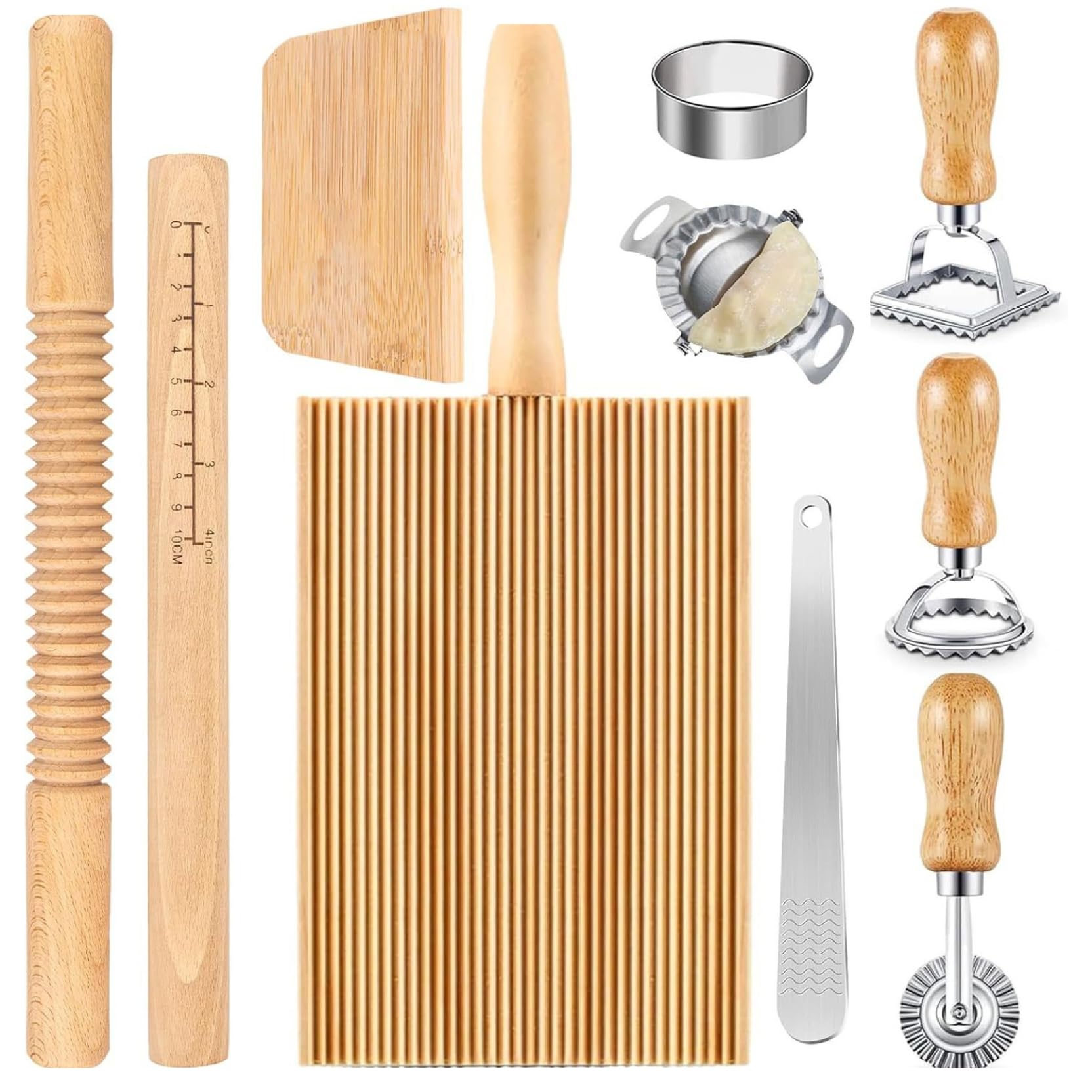 QCdeSoulBLV Pasta Making Tools 5PCS Wooden Gnocchi Board with Pasta Rolling Pin, Ravioli Cutter, Dough Cutter and Dumpling Maker