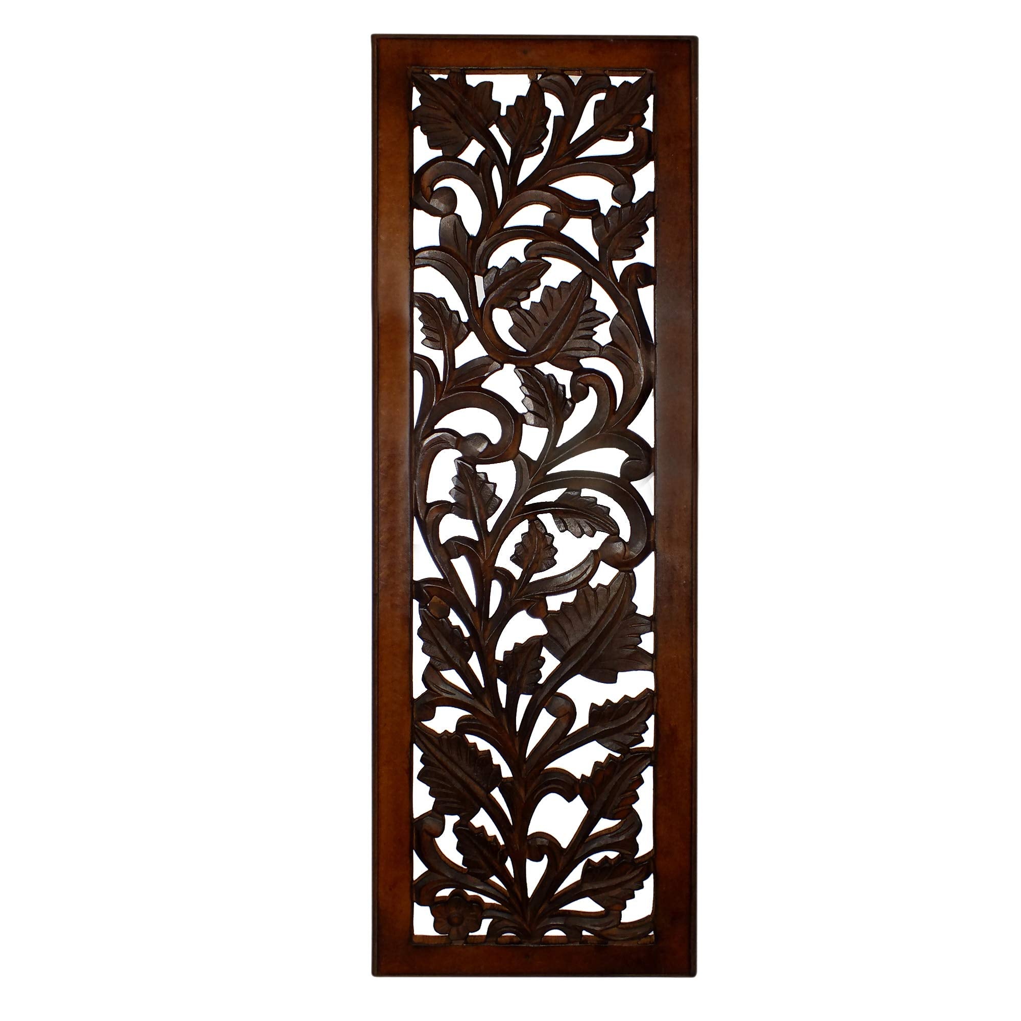 Benjara Mango Wood Wall Panel Hand Crafted with Leaves and Scroll Work Motif, Brown, Rectangle