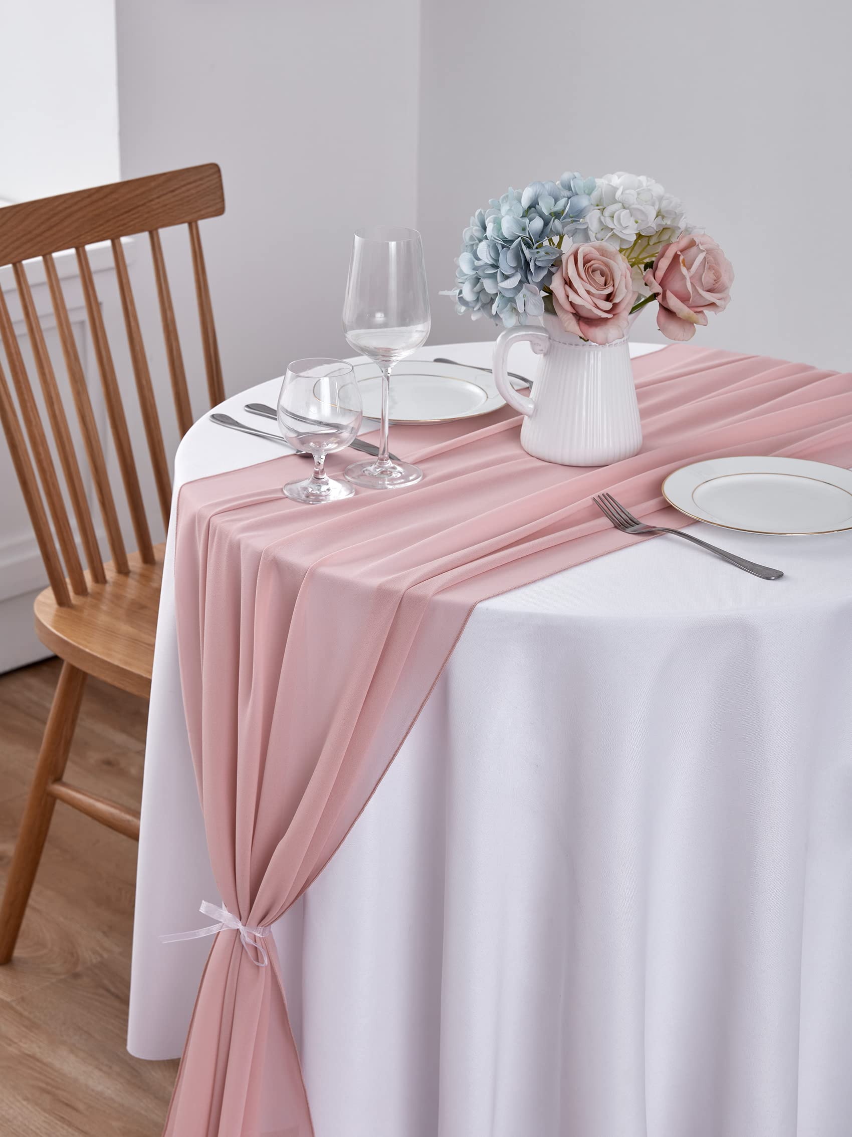 BEDDEB 10Ft Dusty Rose Chiffon Table Runner Sheer Wedding Table Runner 29x120 Inches Romantic Tulle Table Runner for Boho Rustic Wedding Decor Birthday Party Bridal Baby Shower Table Decoration