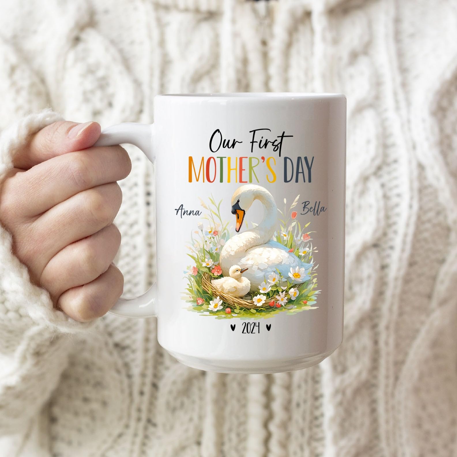 Swan Mug, Personalized Mom And Baby Swan Ceramic Mug, Personalized First Time Mom Cup, Our First Mothers Day Mugs, Custom Swan L