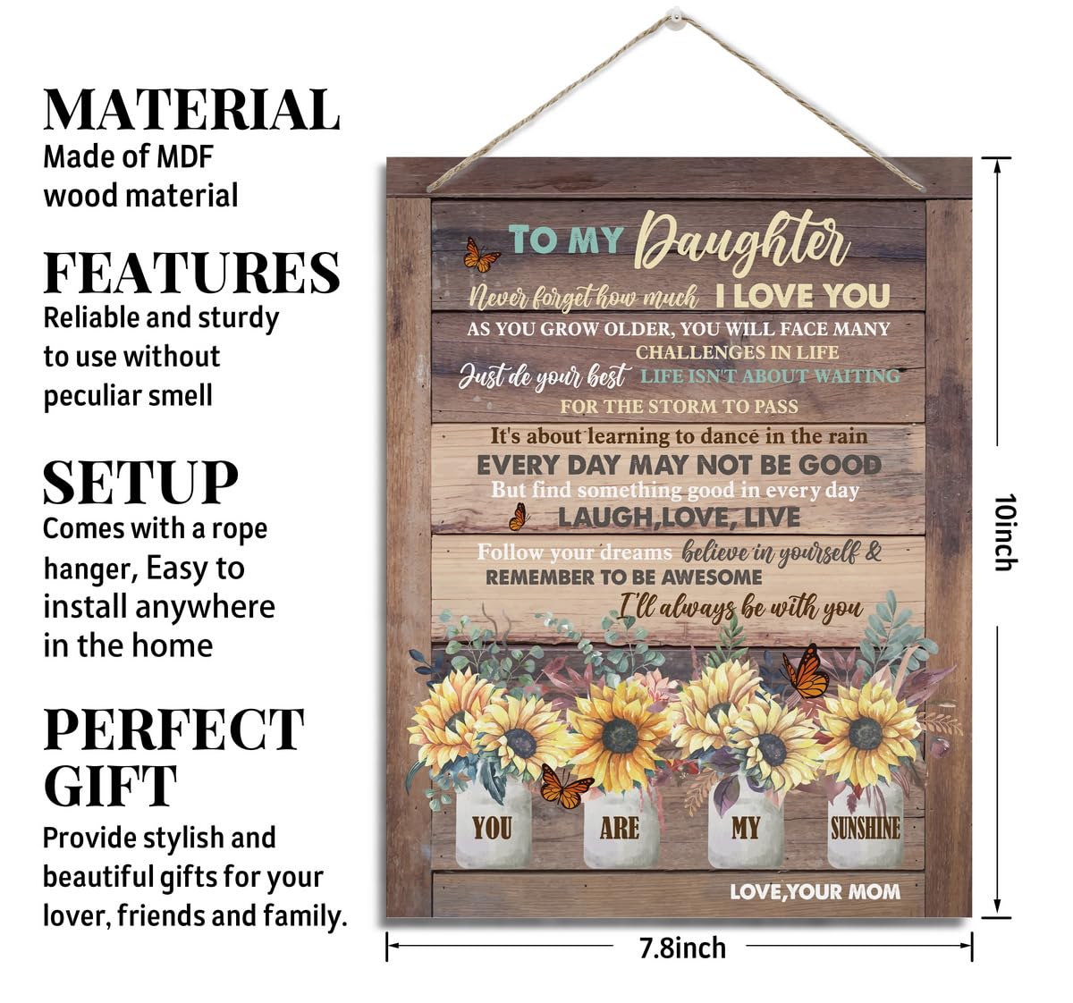 BQL You Are My Sunshine Wall Art, Decorative Sign, 8X10 inches, MDF Wood, Rustic Style, Floral Theme, Perfect for Daughter Gifts