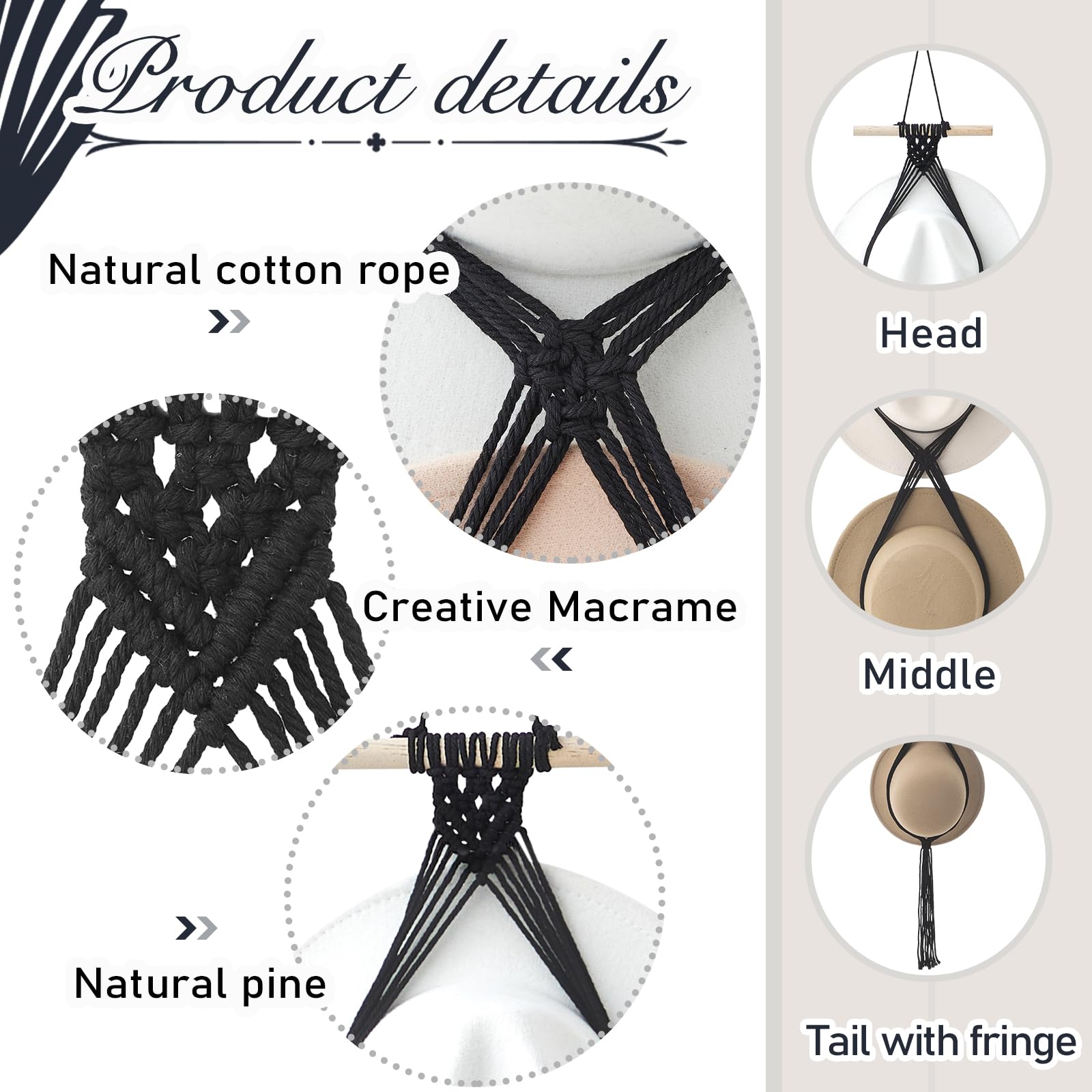 Yulejo Macrame Hat Hangers Boho Hat Rack Cowboy Hat Hanger Back Of Door Hat Organizer (Black,Five Hats Style)