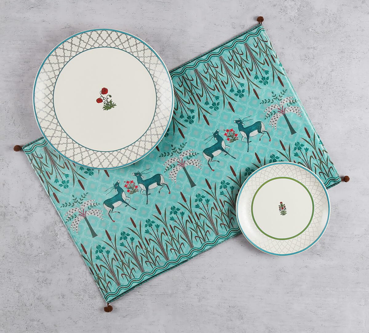 India Circus by Krsnaa Mehta  A Godrej Venture Mirroring Deer Garden Micro Velvet Table Mats | Washable Printed Design Placemat