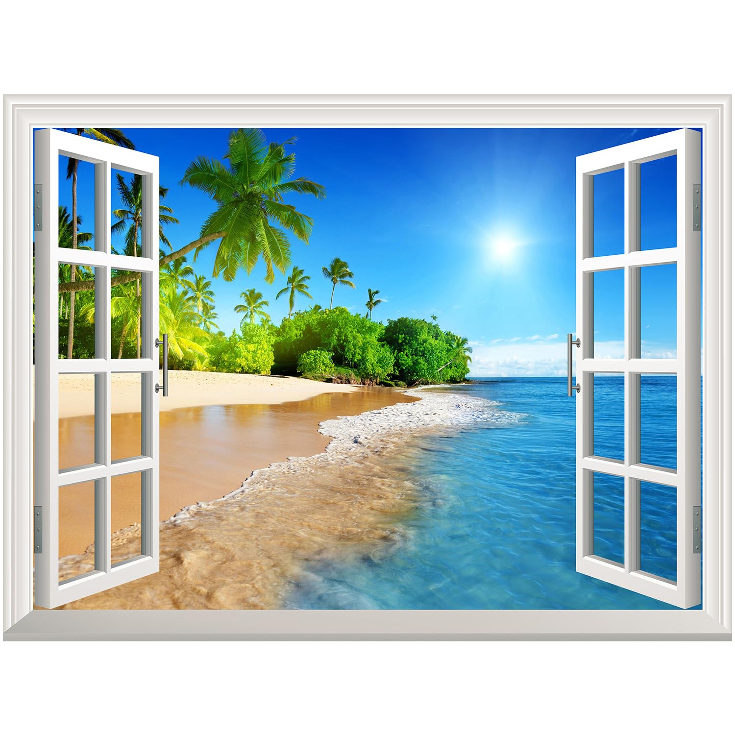 White Beach With Blue Sea And Palm Tree Open Window Mural Wall Sticker - 24''X32''