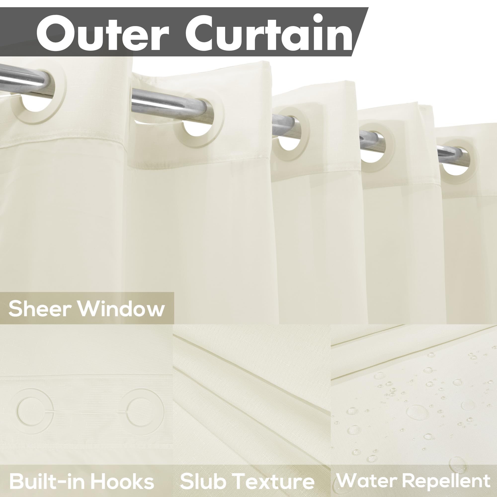 No Hook Slub Textured Shower Curtain with Snap-in PEVA Liner Set - 71'' x 74''(72'')  Hotel Style Cream Shower Curtain with Sheer Top Window  Water Repellent  Sand  W71xH72