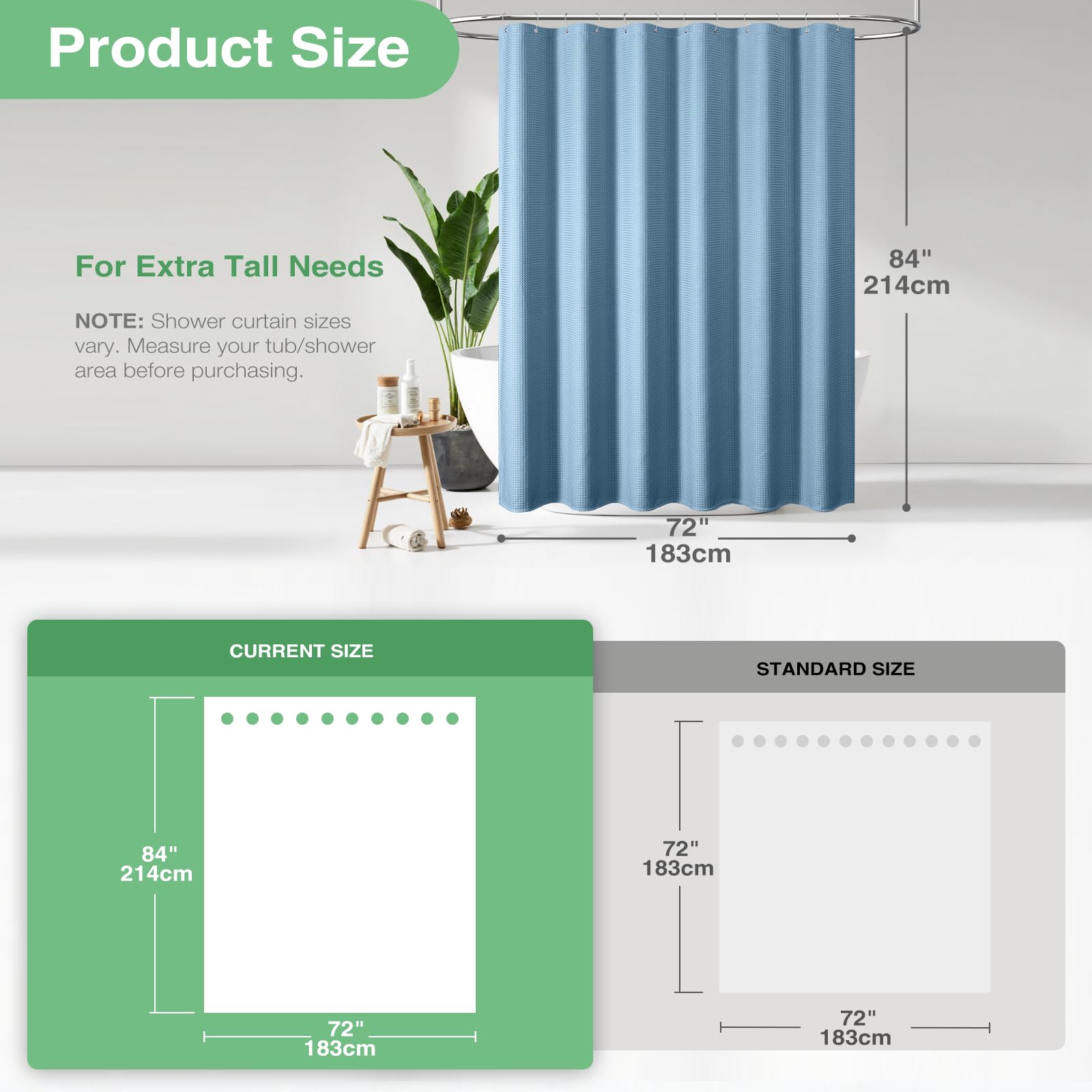 Dynamene Extra Long Shower Curtain - 84 Inch Long Blue Waffle Weave Heavy Duty Fabric Bathroom Shower Curtain  Weighted Hotel Thick Bath Curtain Set with 12 Plastic Hooks 72x84  Moonlight Blue