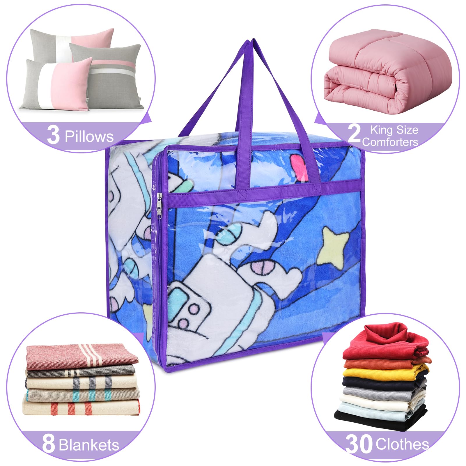2 Pack Clear Zippered Storage Bags for Clothes, Closet Organizers and Storage Vinyl Bag for Bedding, Linen, Blankets, Comforters