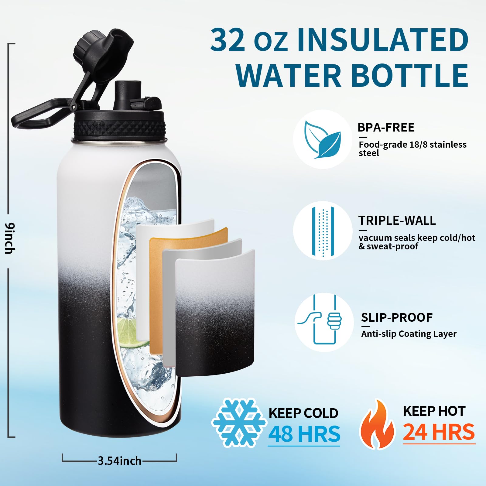 Metal Water Bottle 32 oz - Insulated Water Bottles Keep Cold 48H Hot 24H  Large Waterbottle with Strap  Straw & Spout Lid  Protective Boot  Wide Mouth Stainless Steel Thermo Jug Flask Sport Office