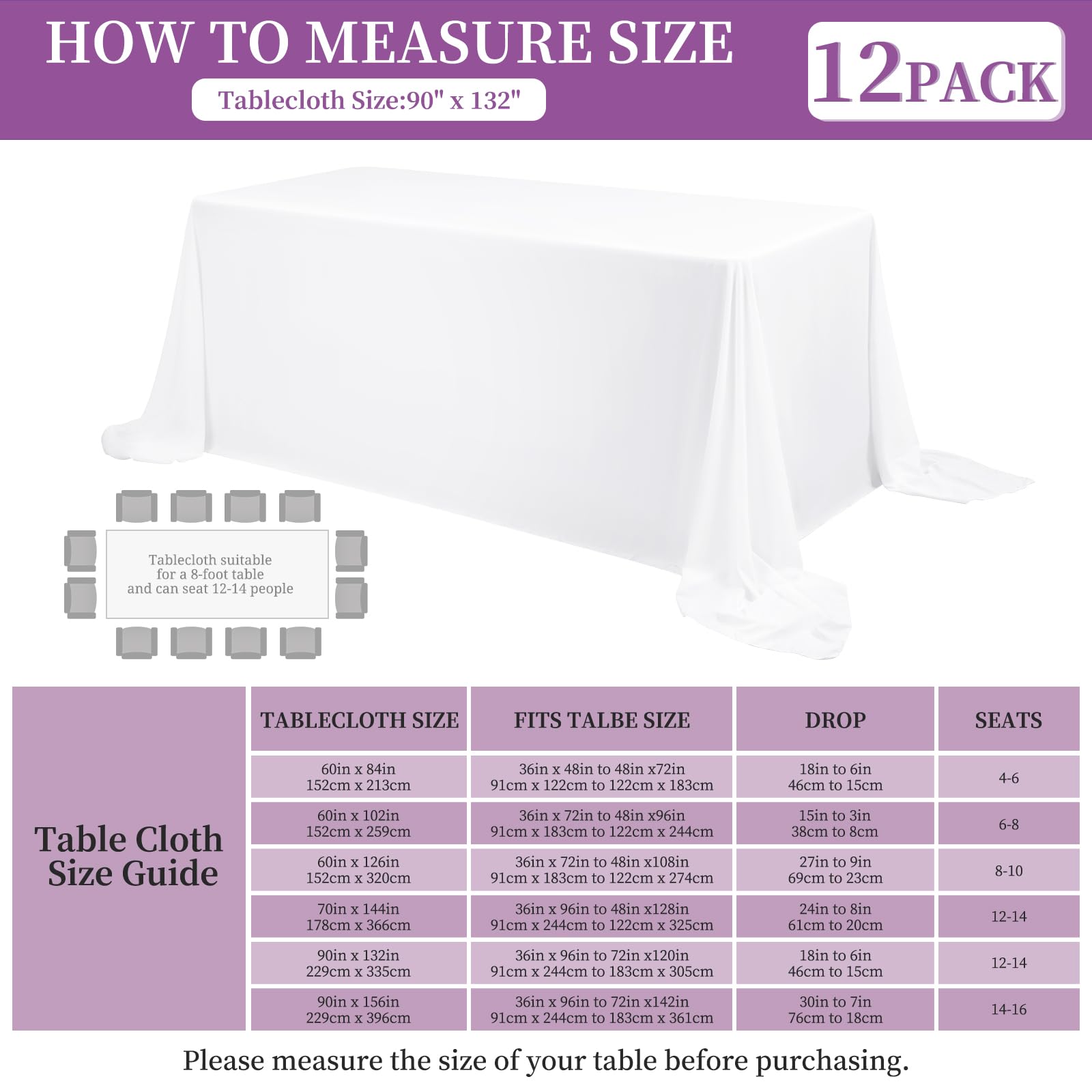 12 Pack Rectangle Tablecloth 90 X 132 Inch White Polyester Table Cloth For 8 Feet Tables,Washable Fabric Stain And Wrinkle Resis