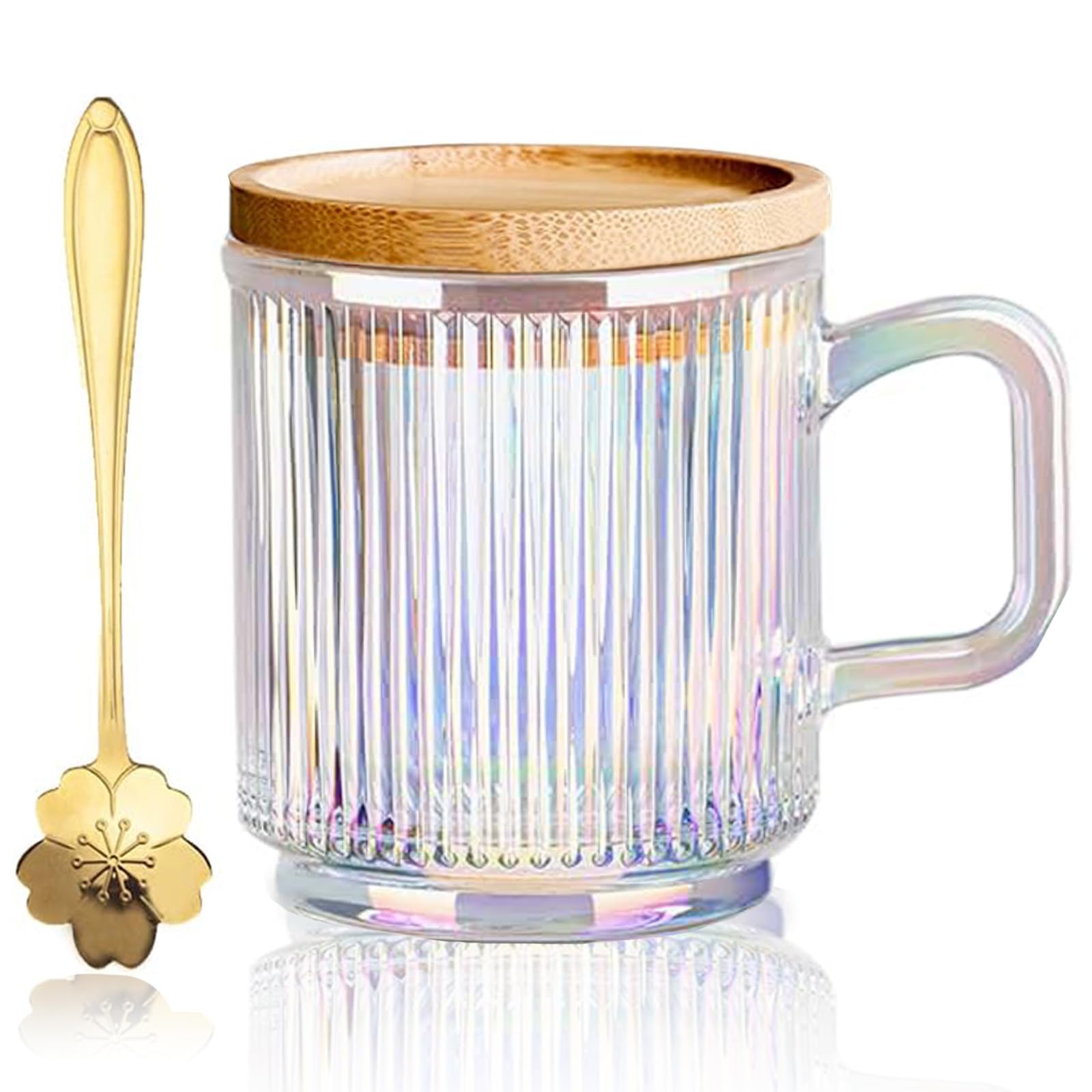 Yalucky Clear Iridescent Coffee Mug With Lid And Sakura Spoon Tea Cups Glass Mugs Pretty Cute Mug For Milk Latte Chocolate Juice