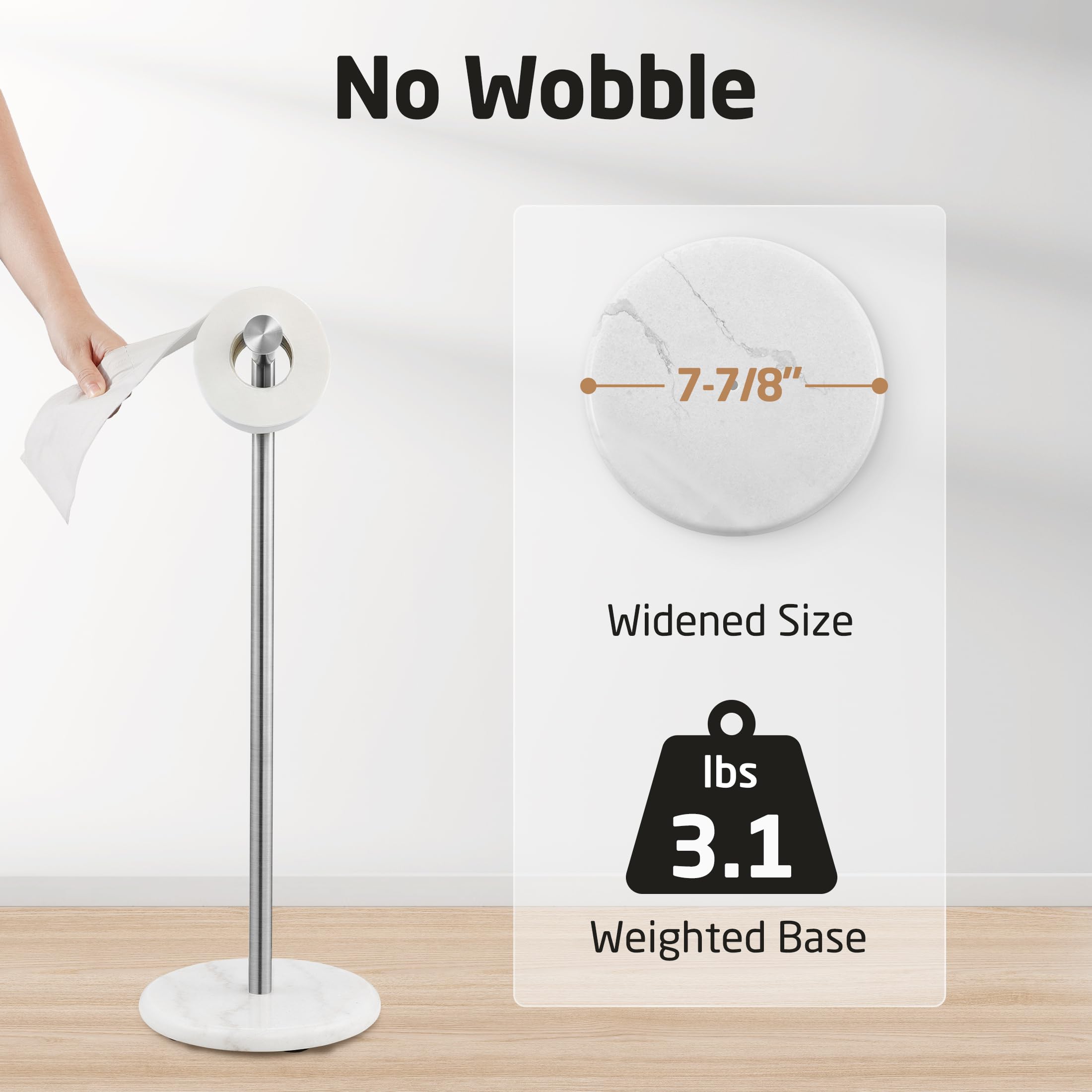 KES Toilet Paper Holder Stand  Freestanding Toilet Paper Roll Holder with Modern Natural Marble Base  White Freestanding Toilet Tissue Holder SUS304 Stainless Steel Brushed Finish BPH284S1-2