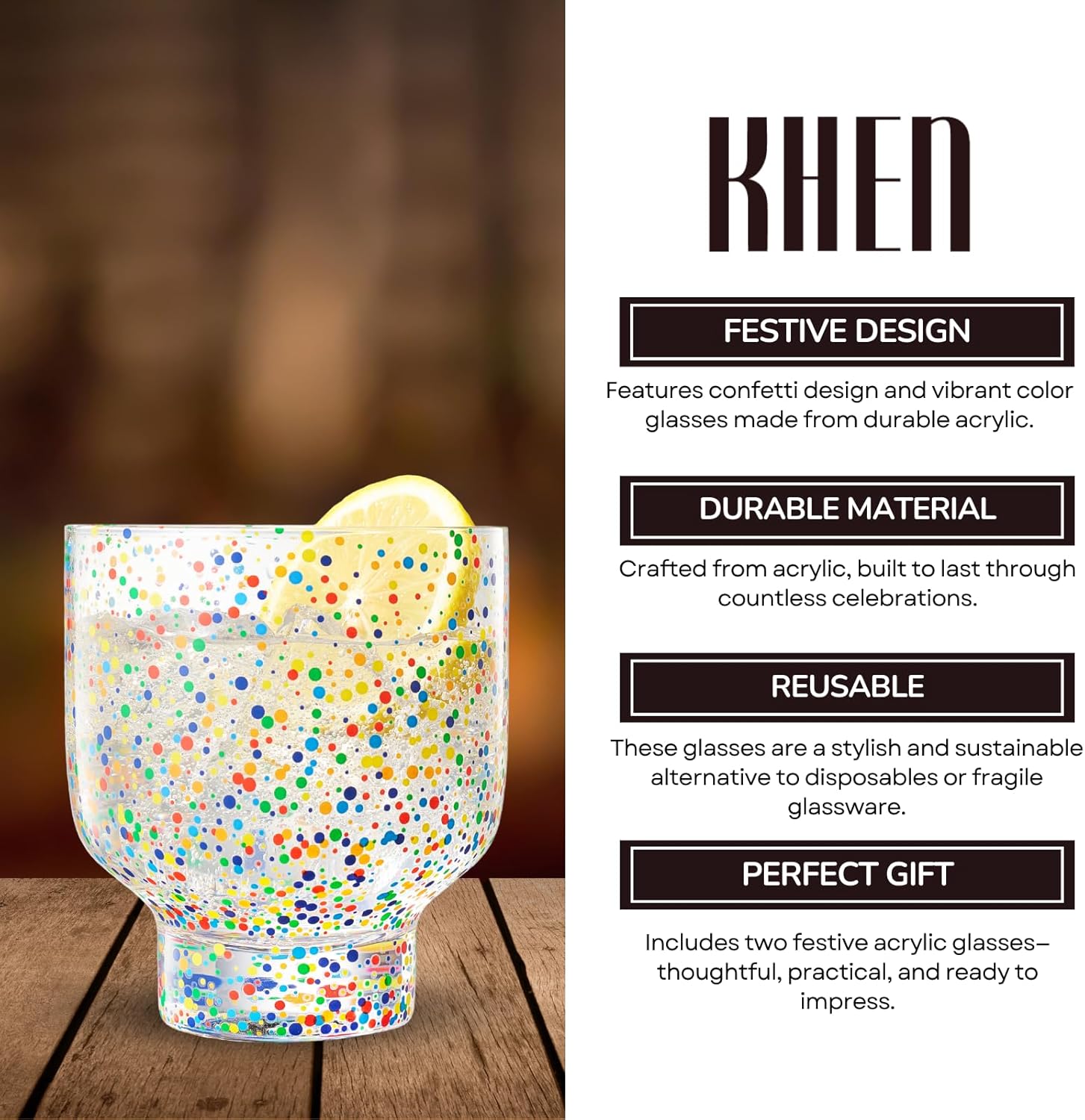 Khen Confetti Stemless Tumblers Set Colorful Drinkware - 12oz Clear