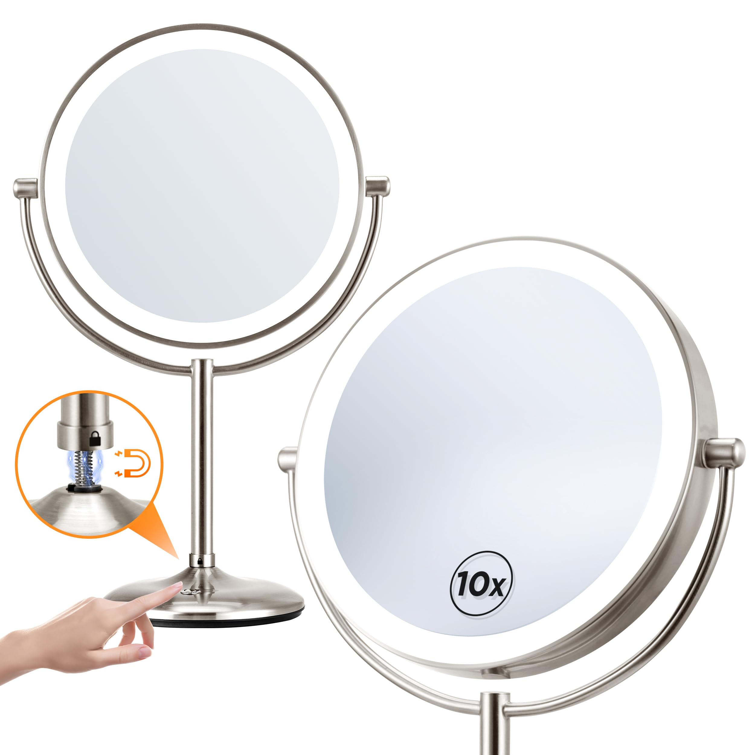 Lighted Makeup Mirror With Magnification: 1X/10X Magnifying Vanity Mirror With 3 Color Dimmable Light, 9'' Large Rechargeable St