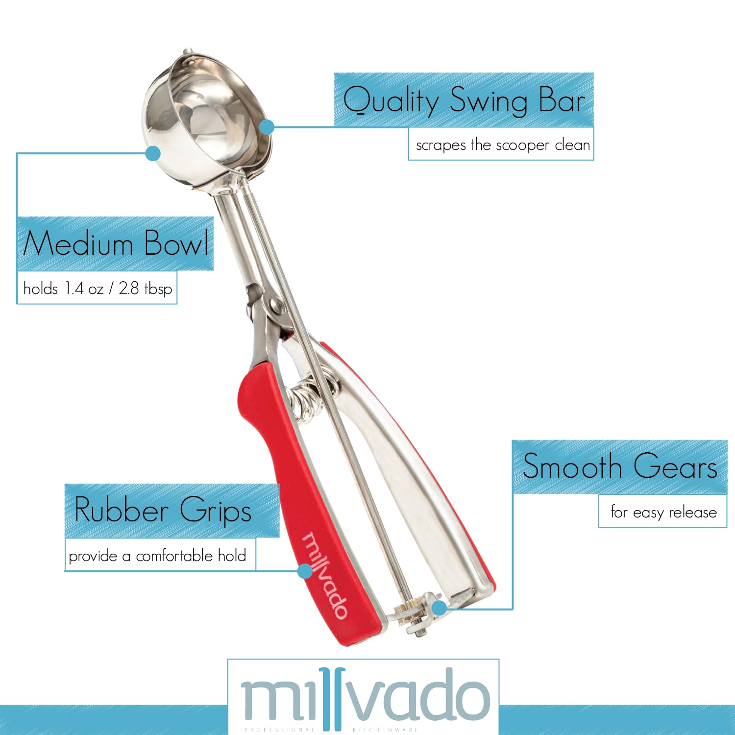 Millvado Ice Cream Scooper With Trigger - Stainless Steel Round Food Scooper For Ice Cream, Cupcake Batter, Mashed Potato And Ri