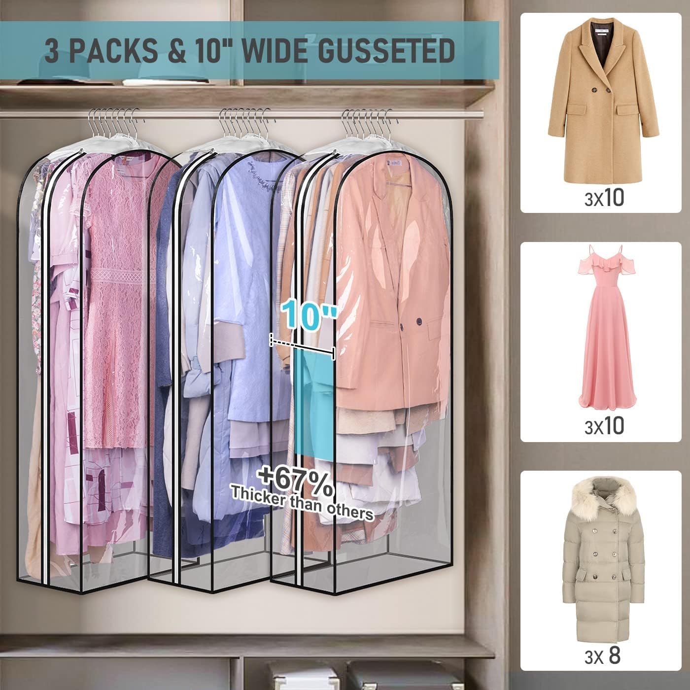 MISSLO 10'' Gusseted All Clear Garment Bags for Hanging Clothes 50'' Dress Bags for Closet Storage Hanging Clothes Bag for Suit  Coats  Gowns  3 Packs