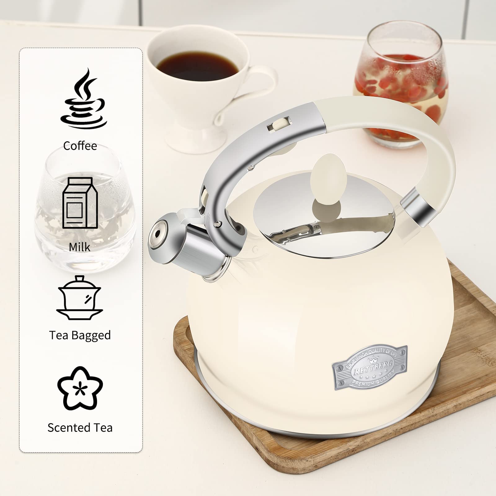 Rettberg Tea Kettle For Stovetop Whistling Tea Kettles Retro Black Stainless Steel Teapots, 2.64 Quart (Cream)