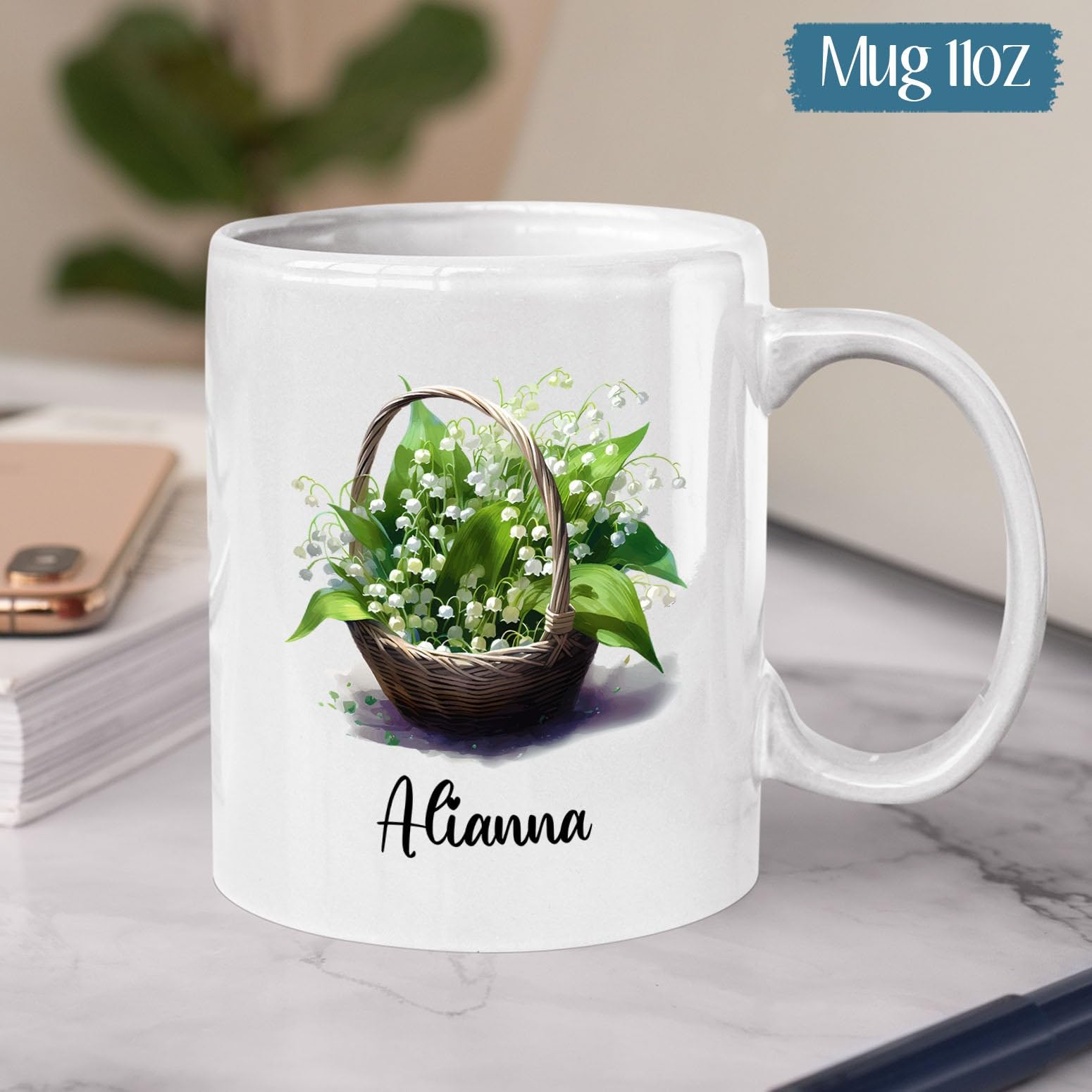 Lily Of The Valley Coffee Mug Gift, Personalized Name Lily Of The Valley Flowers Ceramic Cup Present, Customized Floral Tea Cup