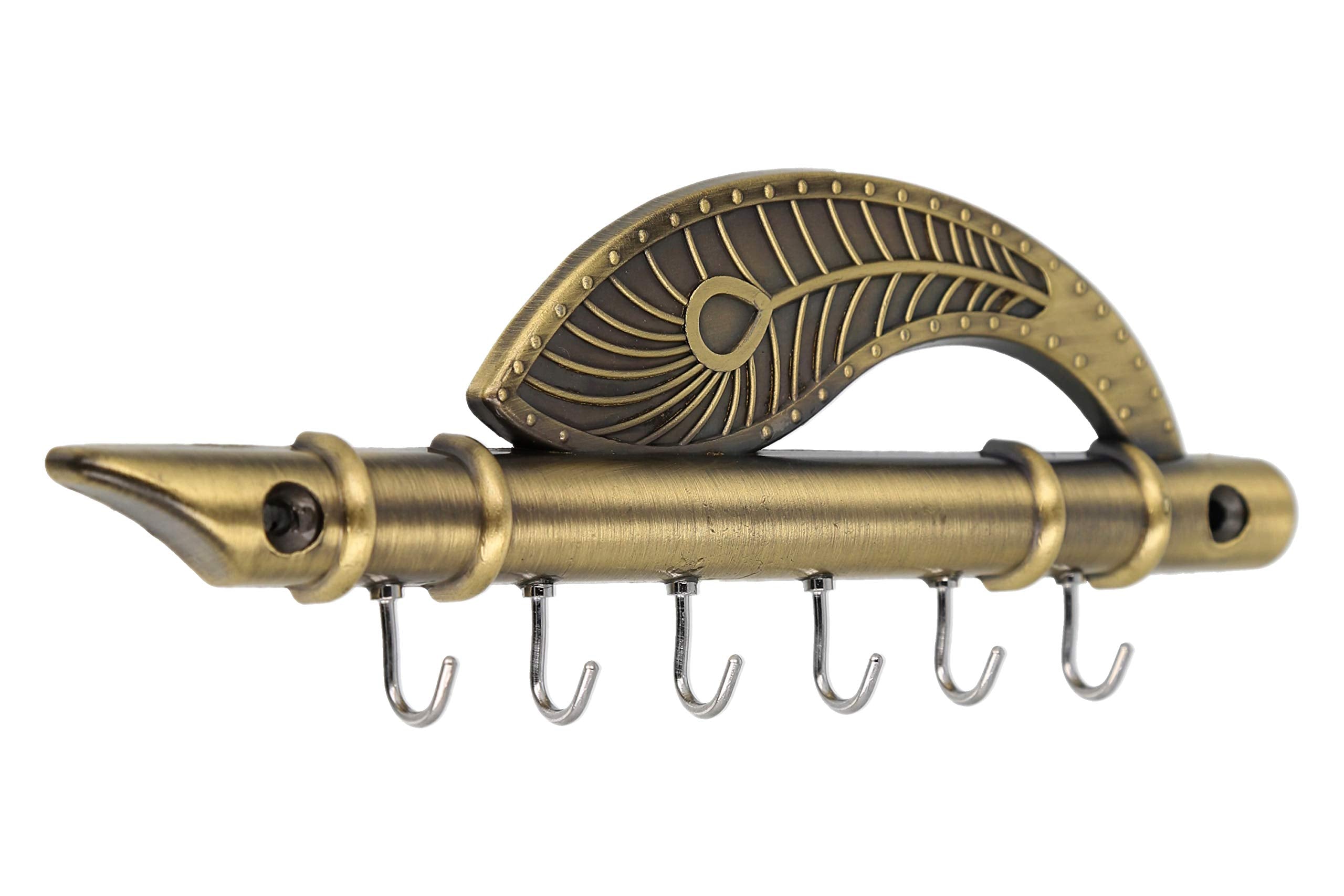 JaipurCrafts Webelkart Zinc Lord Krishnas Flute and Peacock Quills Key Stand (18.5 X 6 cm, Yellow), Pack of 1