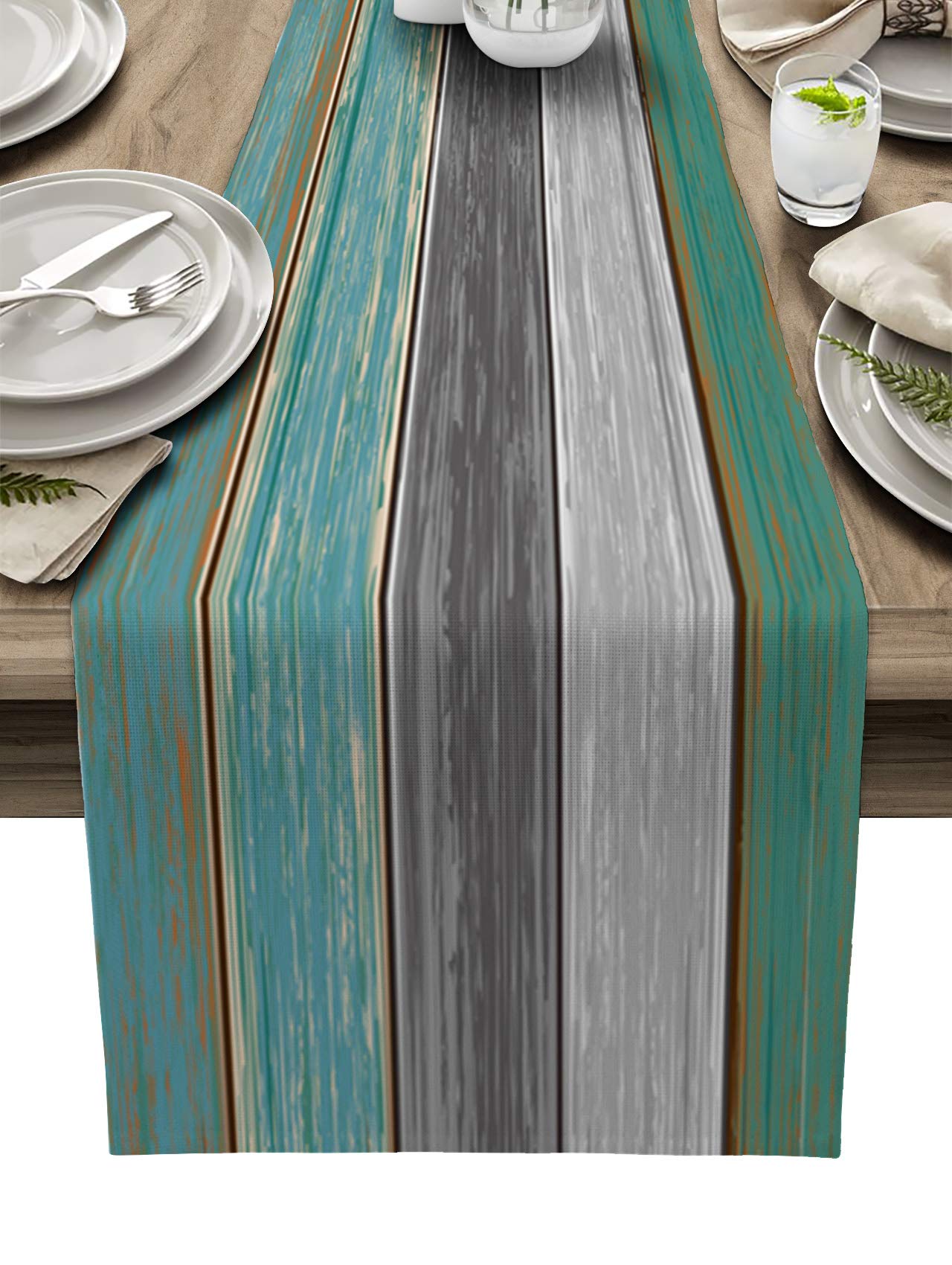 Farmhouse Cotton Linen Table Runner Dresser Scarf Retro Rustic Barn Wood Texture Ombre Sea Teal Green Gray Non-Slip Rectangle Se