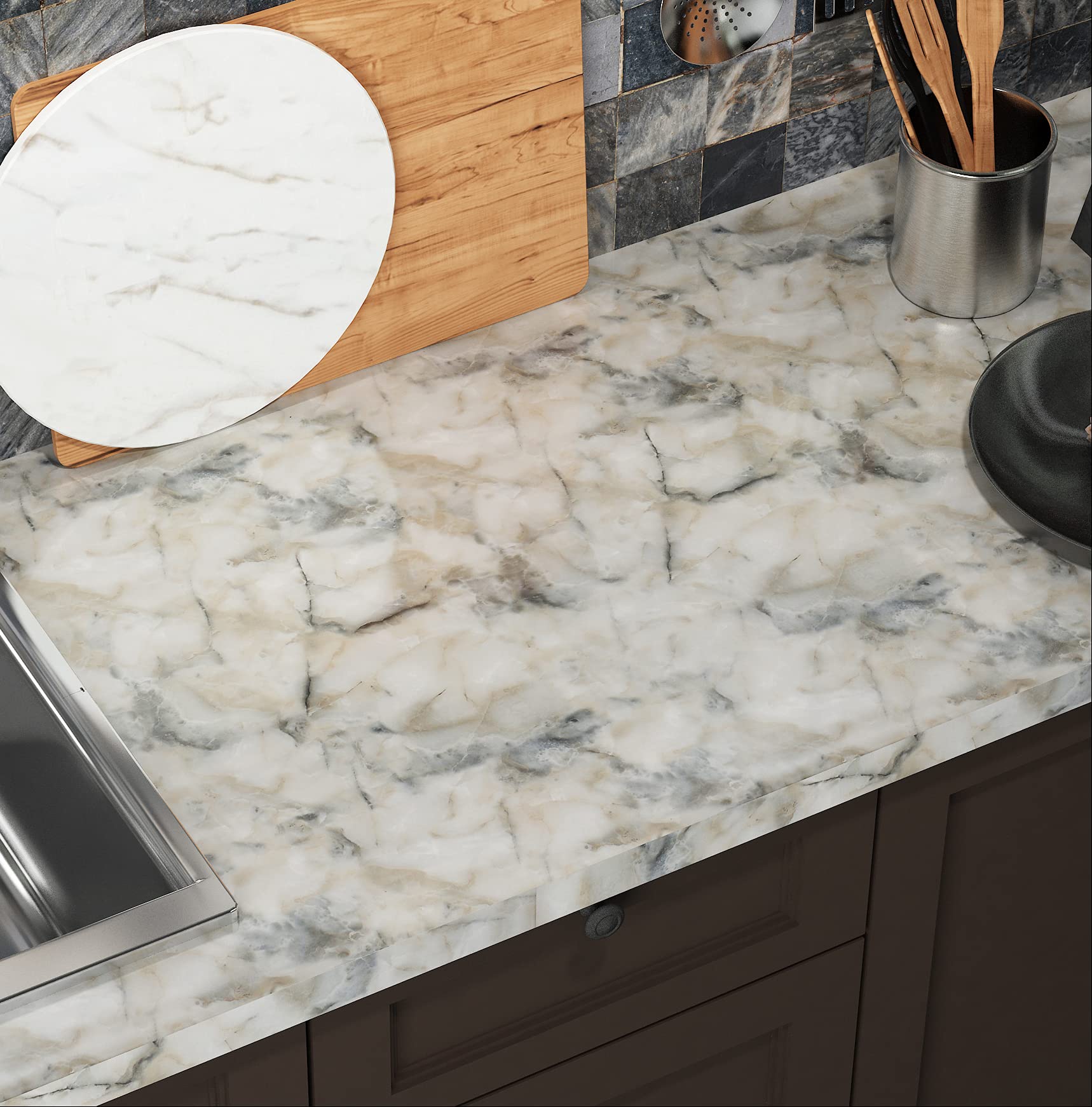 Livelynine 197X36 Inch Extra Wide Countertop Contact Paper for Kitchen Waterproof Contact Paper for Countertops Peel and Stick Table Top Sticker Cover Marble Countertop Wallpaper Blue and White
