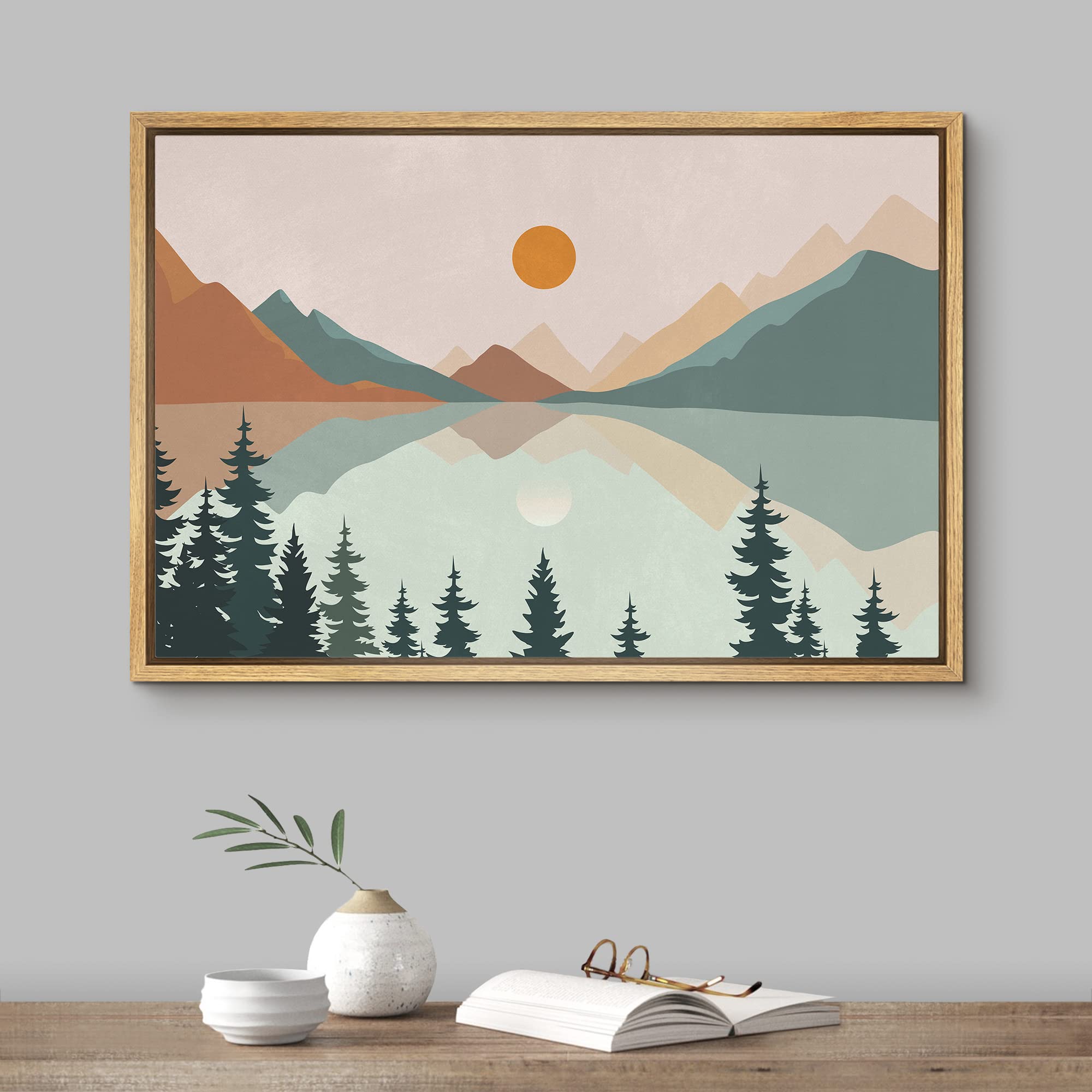 Signford Framed Canvas Print Wall Art Pastel Mountain Tree Forest Lake Nature Wilderness Illustrations Modern Art Decorative Boh