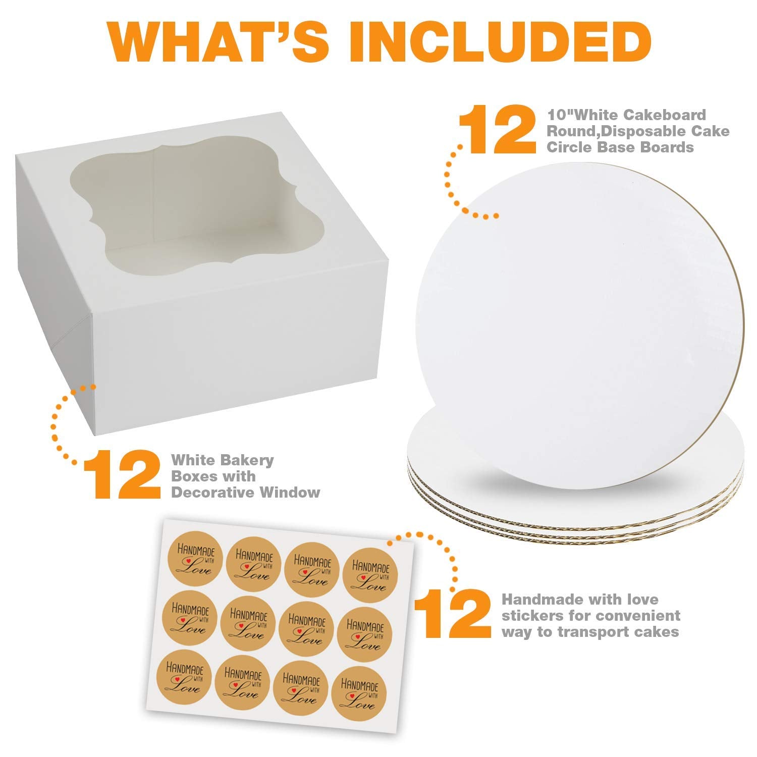 Selmy Cake Boxes 10 Inch Cake Box With Boards And Stickers [12-Pack] Cake Box With Window White Cake Boxes 10X10X5