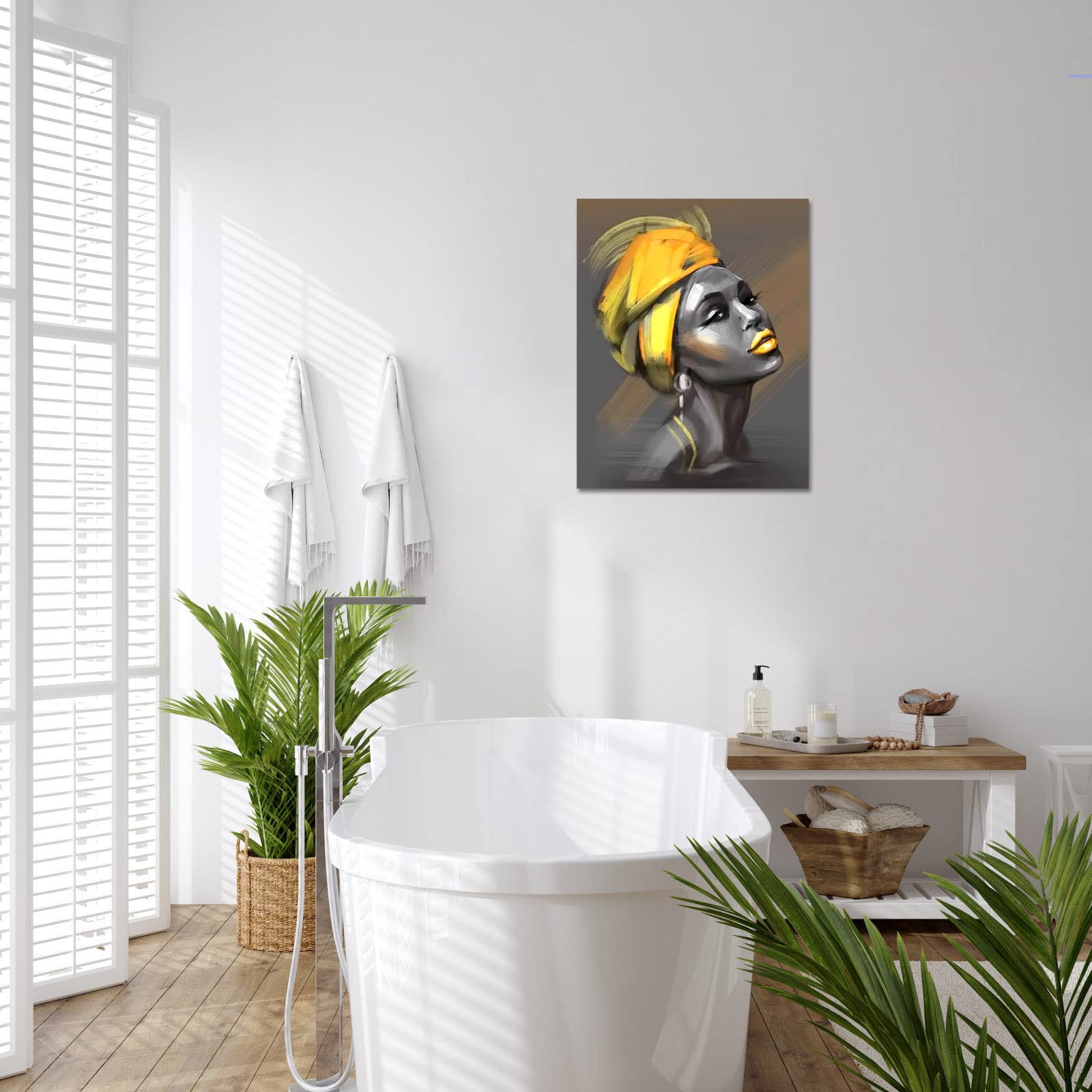LB Framed African American Women Canvas Wall Art Black Woman Yellow Hair Beauty Abstract Painting Canvas Prints Living Room Bedroom Bathroom Home Decoration Ready to Hang 12x16 inch