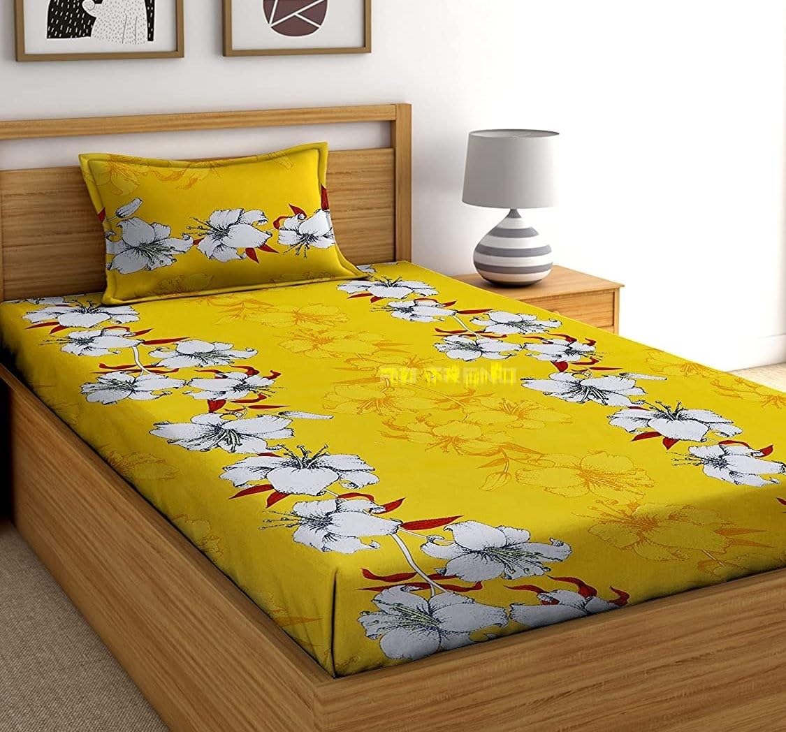 Kawi Single Bedsheet Elastic Fitted Glace Cotton With 1 Pillow Cover 200 Tc Floral(Size 72X48X Up To 8 Inches Mattress)-Mustard 