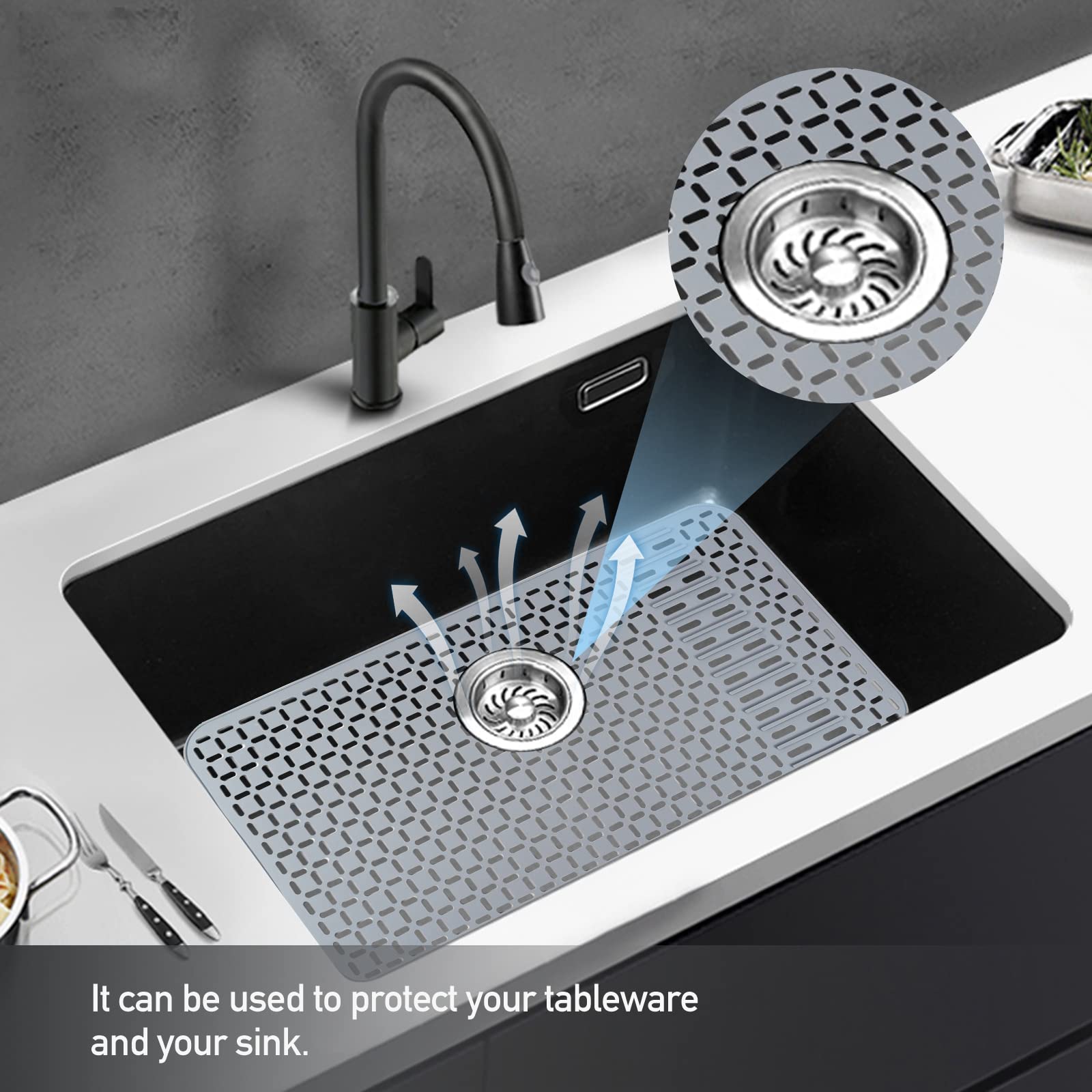 Silicone Sink Mat 28.4''X15.2'' Kitchen Sink Protector Mat With Diy Drain Hole, Grey Farmhouse Silicone Sink Mat Protector 1Pcs