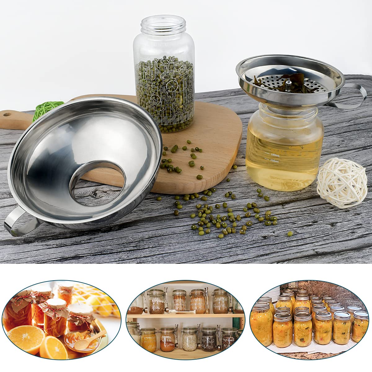 Yuntop 3 Pack Canning Funnel Set - 3-in-1 Stainless Steel Wide Mouth Funnels with Detachable Strainer, Silvery Finish