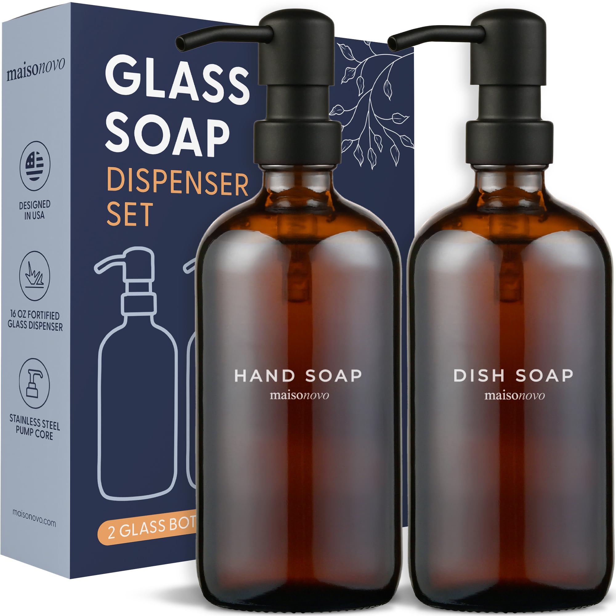 Maisonovo Amber Glass Soap Dispenser | 16.9 Fl Oz Amber Glass Black Pumps X 2