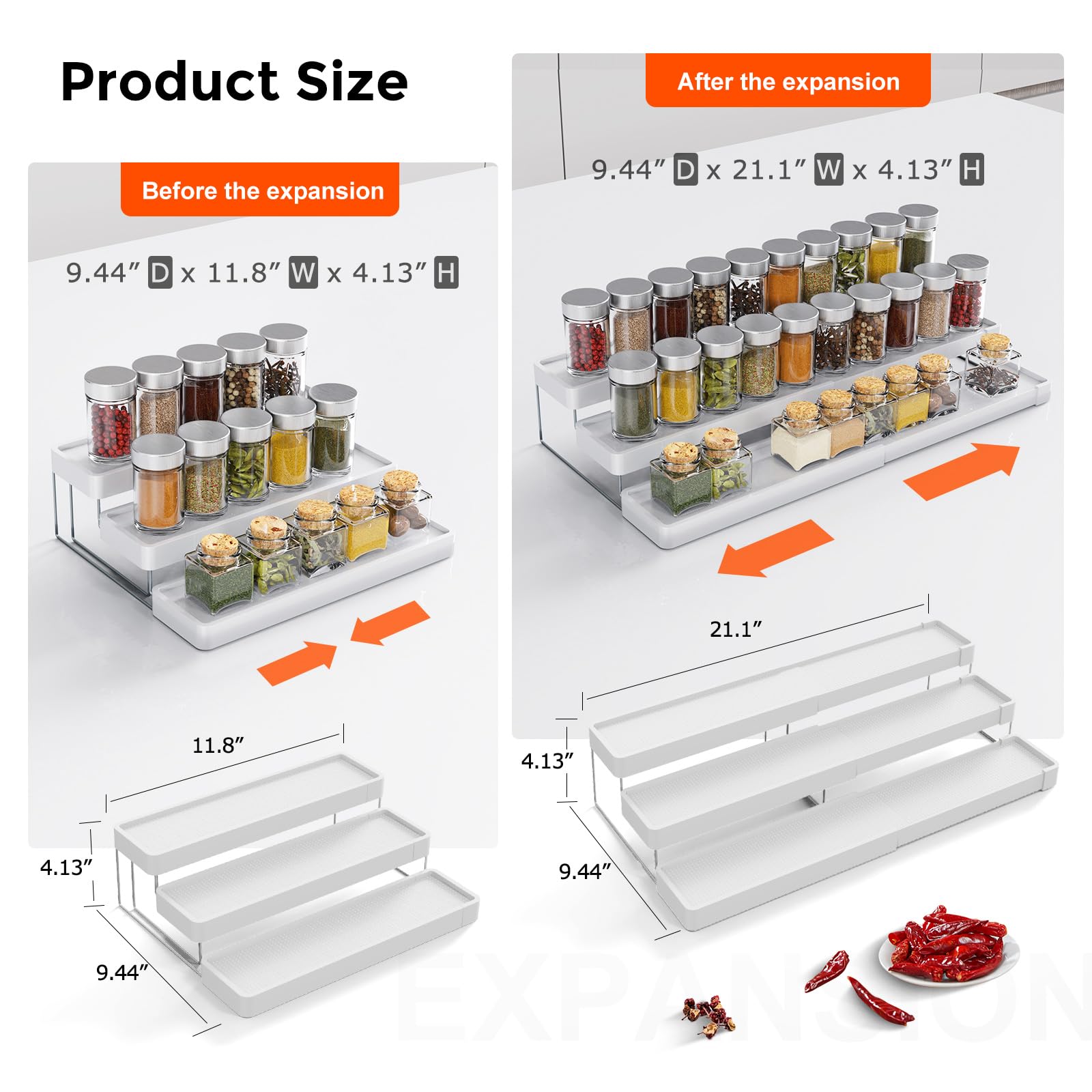 INVOCOO Expandable Spice Rack Organizer for Cabinet - 3 Tier Adjustable Cabinet Spice Organizer Easy Visibility - Spice Organize